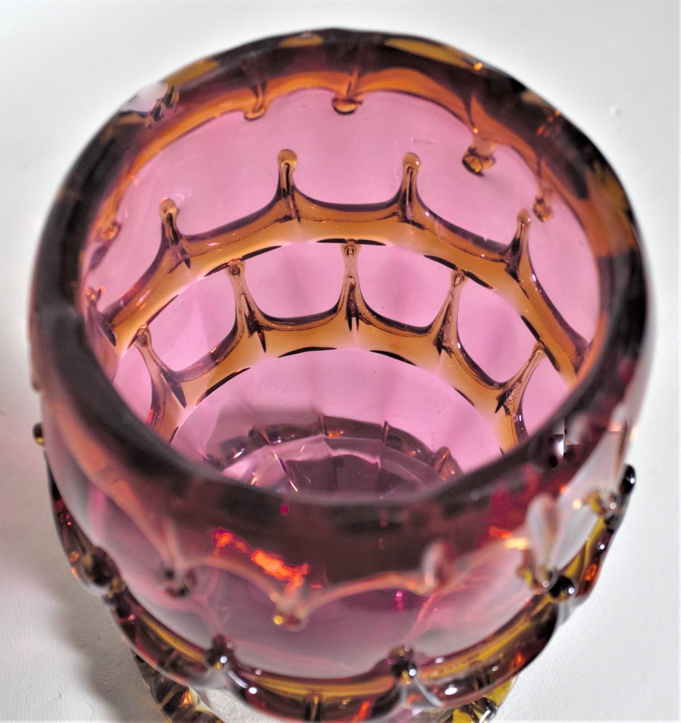 Art Glass Antique Bohemian Cranberry and Applied Amber Glass Pedestal Vase For Sale