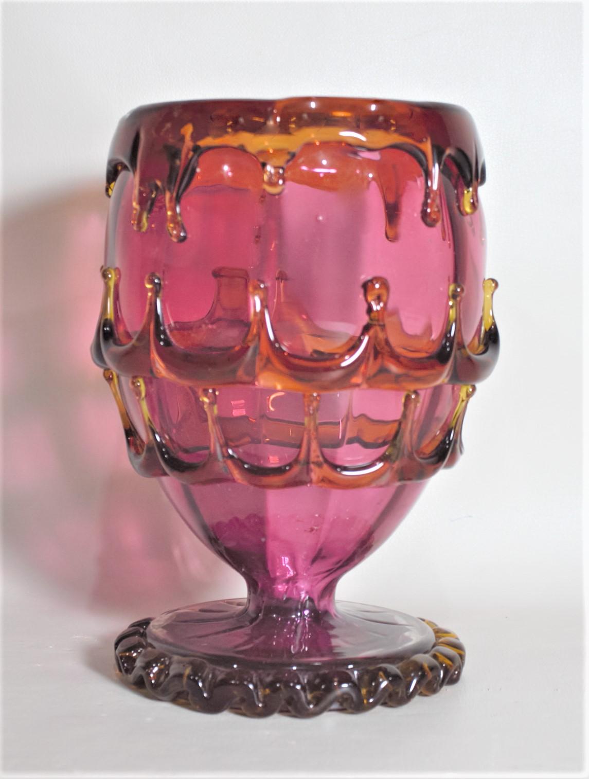 Antique Bohemian Cranberry and Applied Amber Glass Pedestal Vase For Sale 3