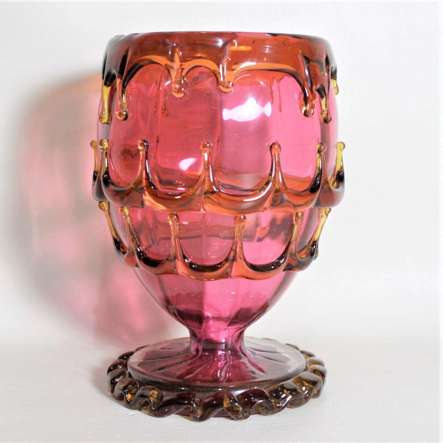 Czech Antique Bohemian Cranberry and Applied Amber Glass Pedestal Vase For Sale