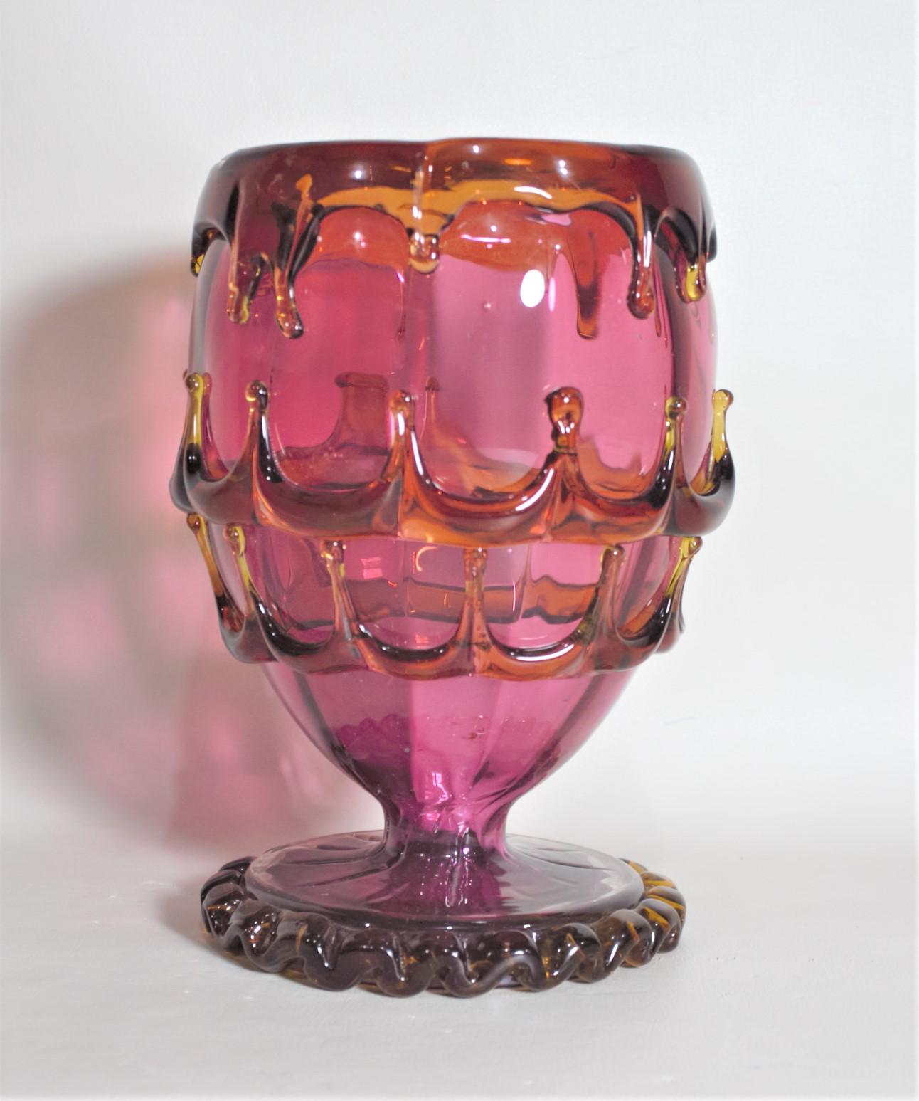 Hand-Crafted Antique Bohemian Cranberry and Applied Amber Glass Pedestal Vase For Sale