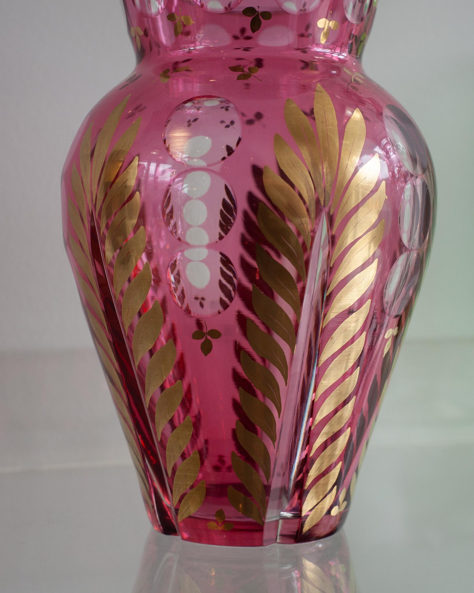 Czech Antique Bohemian Cranberry and Clear Cut Crystal Vase with Gilded Leaf Detail For Sale