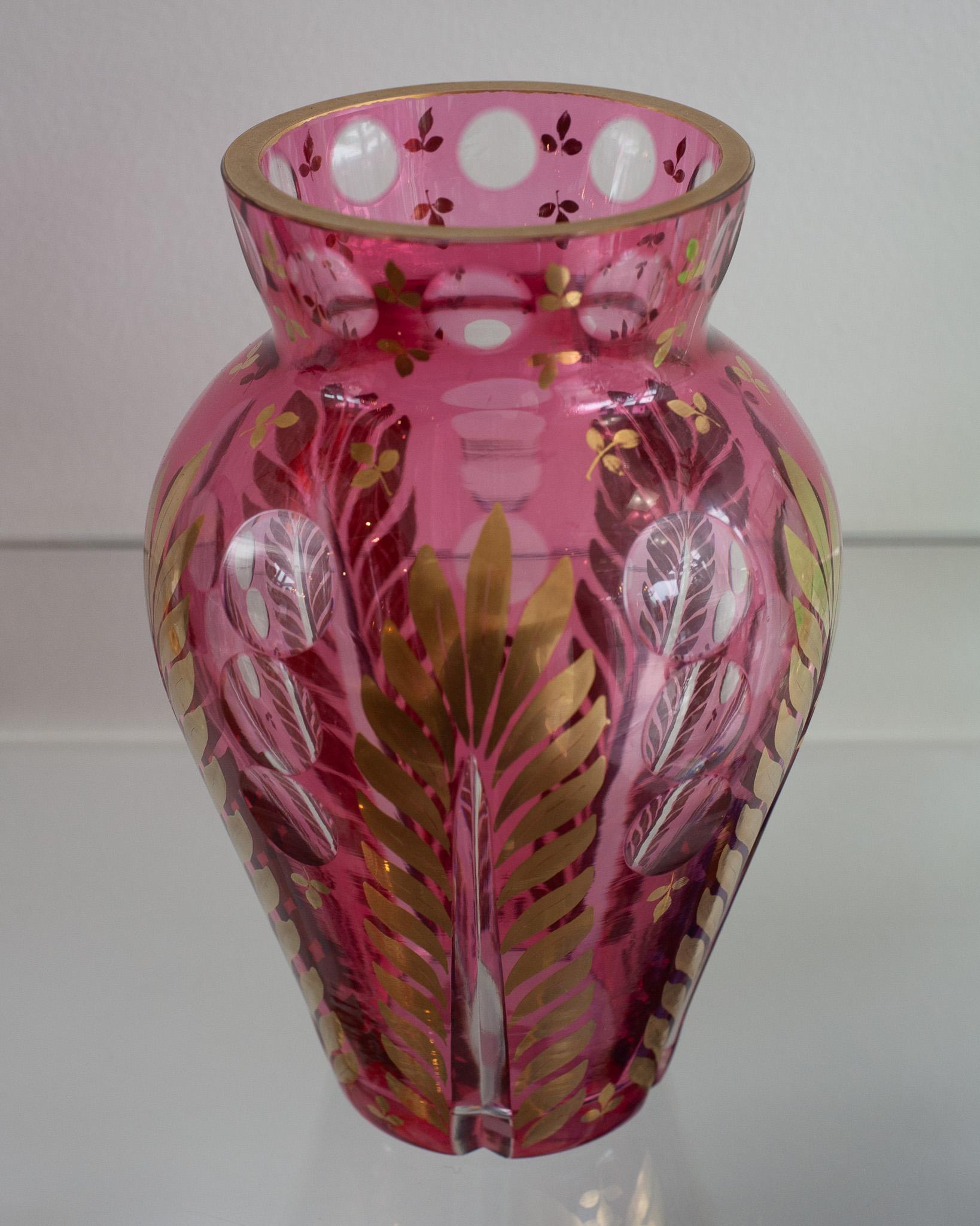 Gilt Antique Bohemian Cranberry and Clear Cut Crystal Vase with Gilded Leaf Detail For Sale