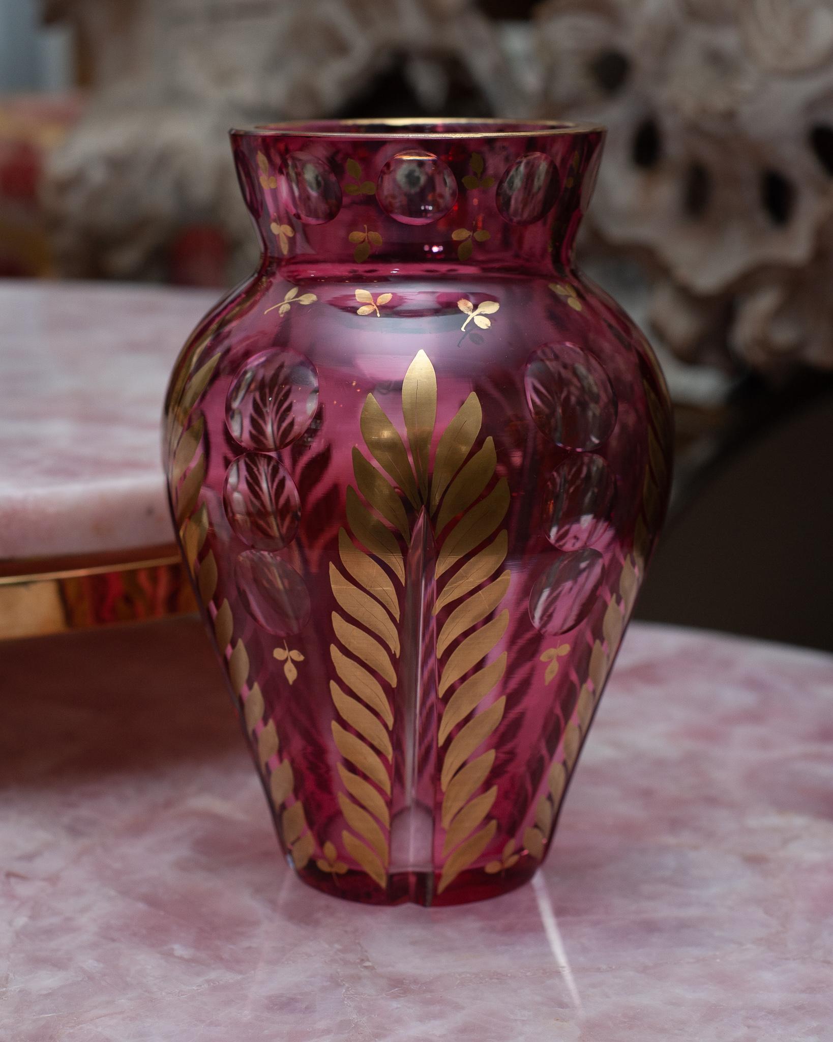 Gilt Antique Bohemian Cranberry and Clear Cut Crystal Vase with Gilded Leaf Detail For Sale