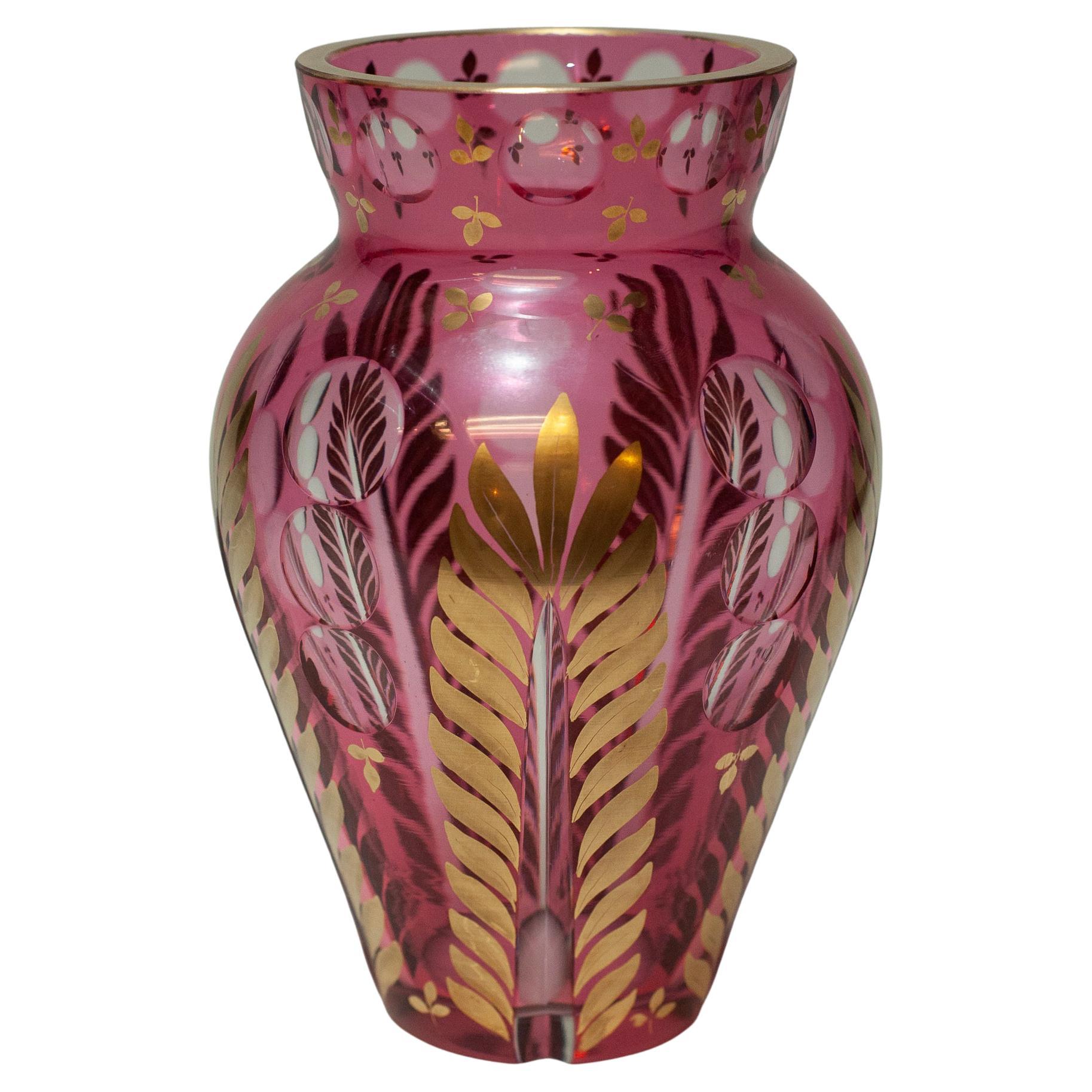 Antique Bohemian Cranberry and Clear Cut Crystal Vase with Gilded Leaf Detail For Sale