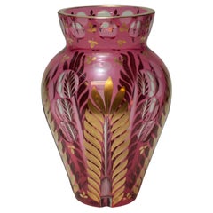 Antique Bohemian Cranberry and Clear Cut Crystal Vase with Gilded Leaf Detail