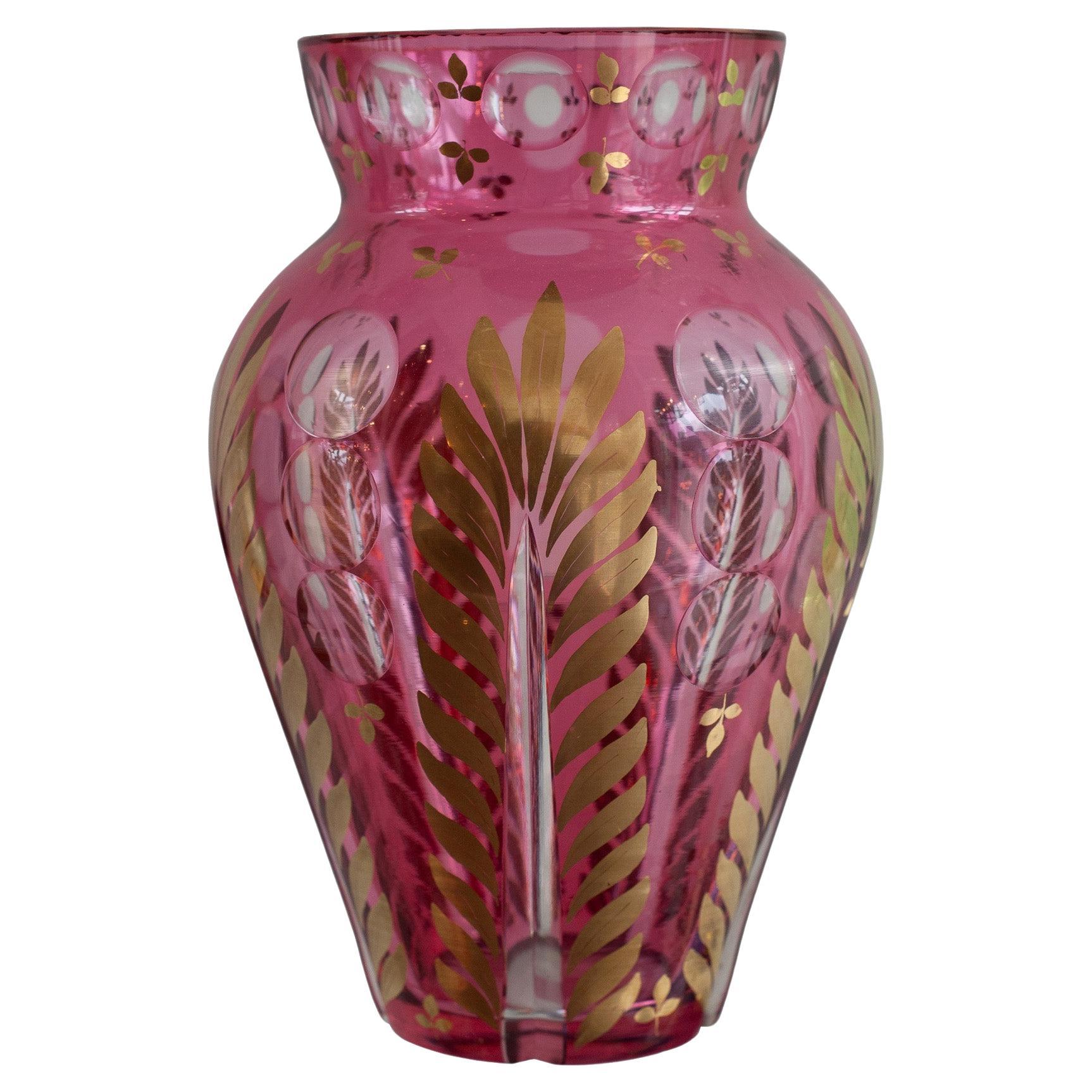 Antique Bohemian Cranberry and Clear Cut Crystal Vase with Gilded Leaf Detail For Sale