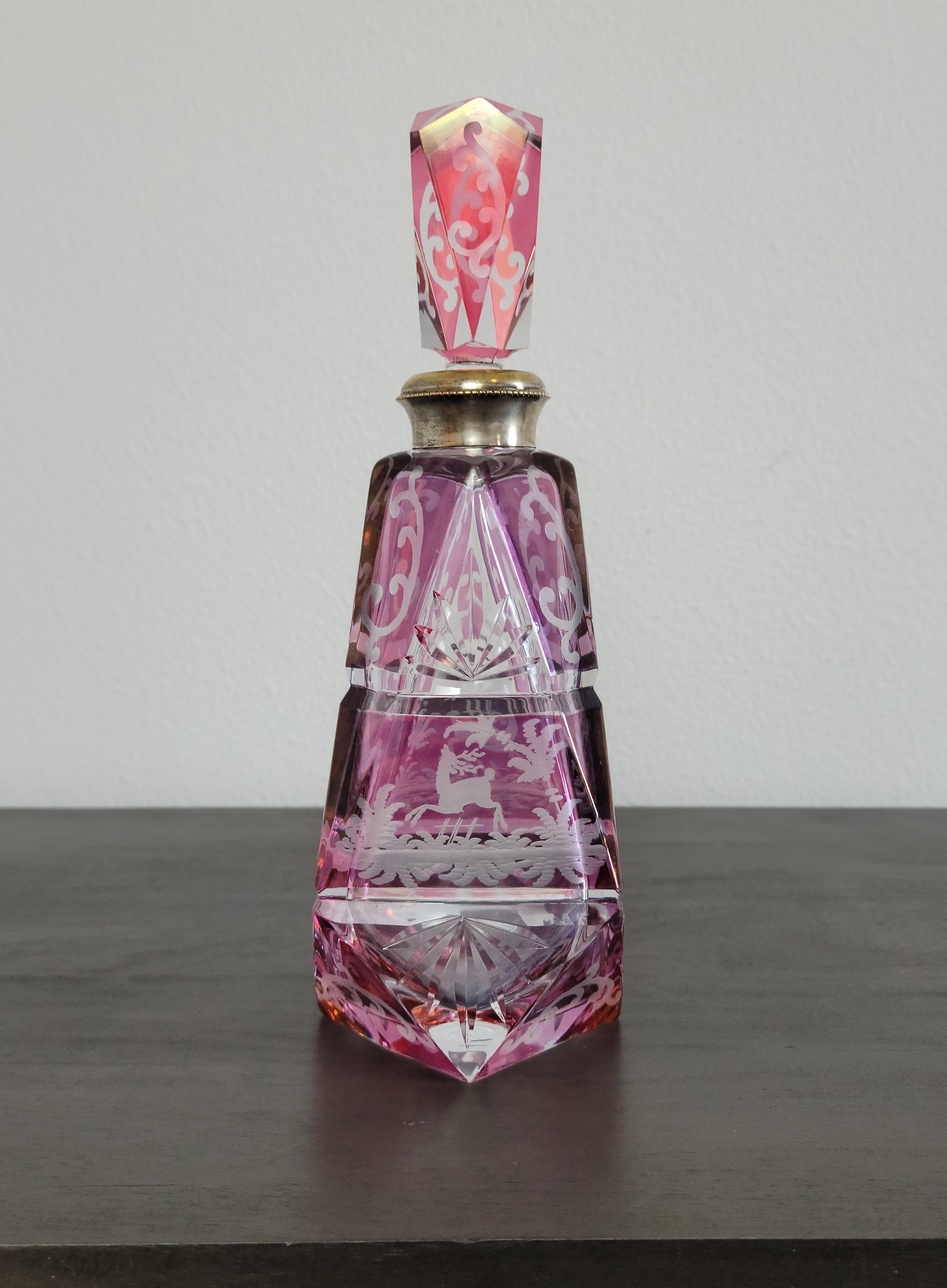 A substantial, fine quality antique Bohemian cranberry-cut-to-clear crystal decanter. 

Featuring a beautiful color combination of cranberry red / pink and colorless crystal, with stunning cut and exceptional etched decoration. 

Exquisitely