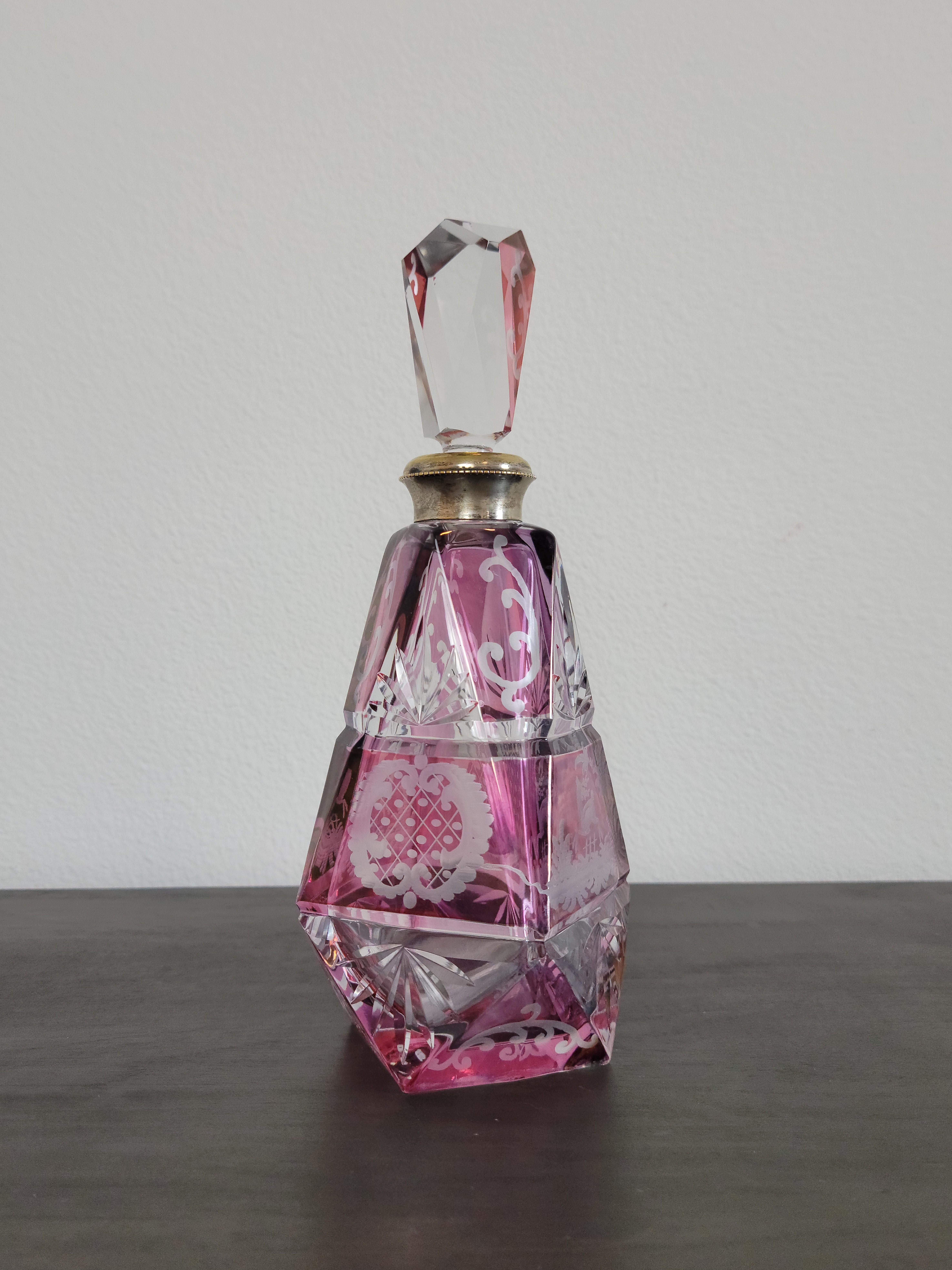 European Antique Bohemian Cranberry Cut To Clear Crystal Decanter  For Sale