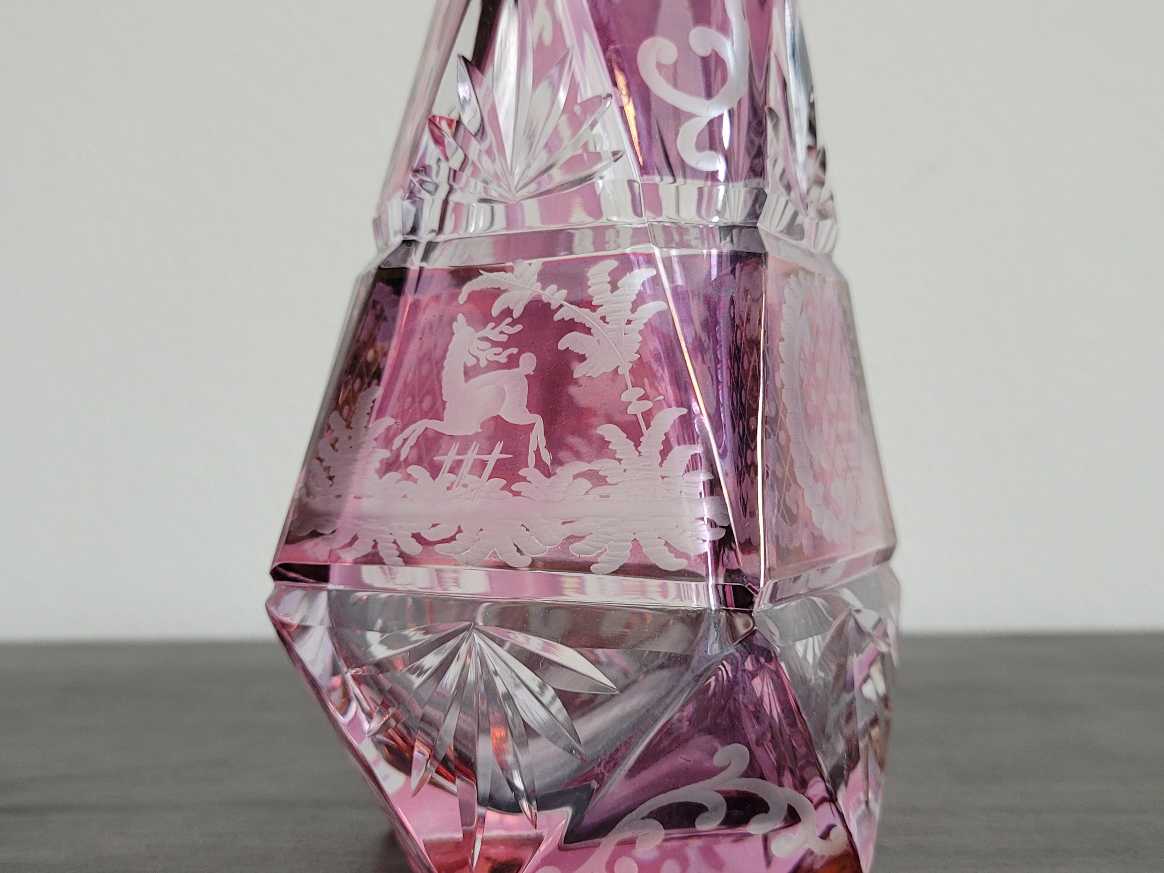 Etched Antique Bohemian Cranberry Cut To Clear Crystal Decanter  For Sale