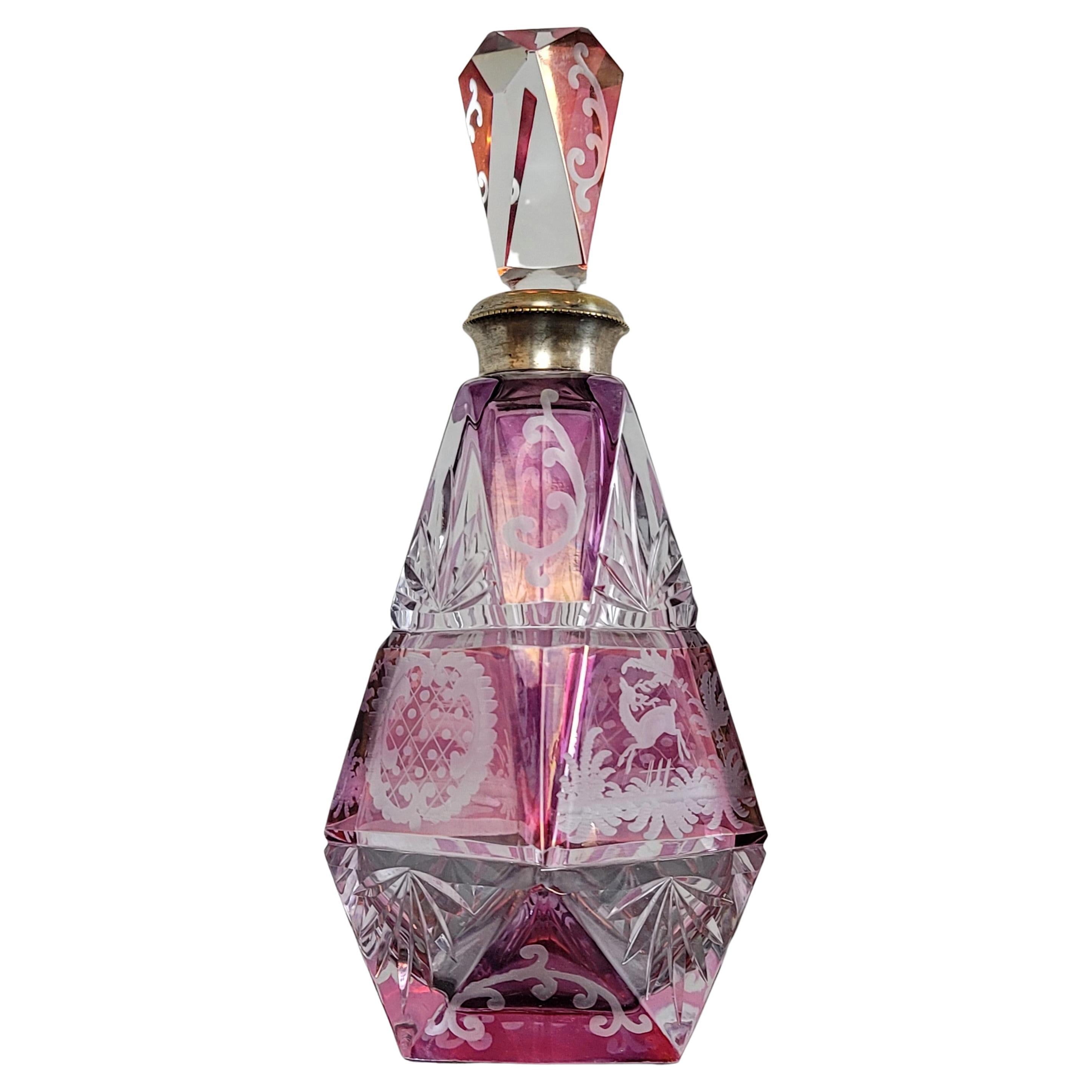 Antique Bohemian Cranberry Cut To Clear Crystal Decanter 