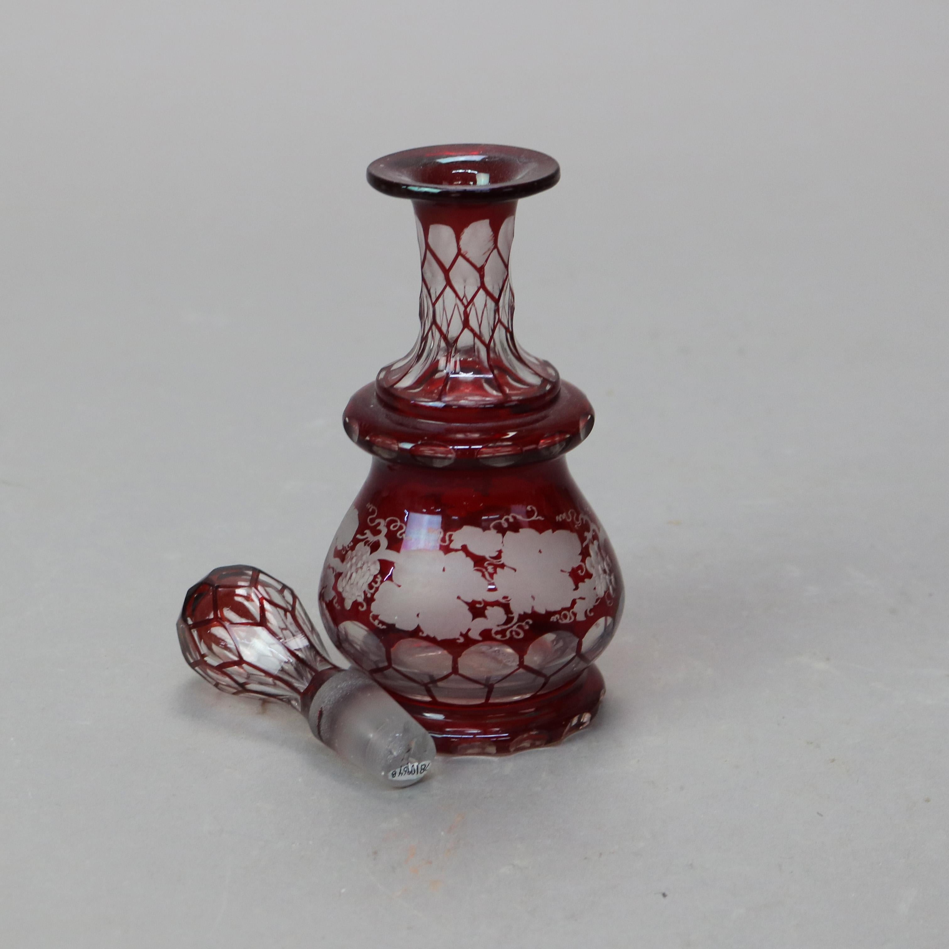 Antique Bohemian Cranberry Cut to Clear Perfume Bottle with Grape and Leaf Pattern C1890

Measures - 7.5