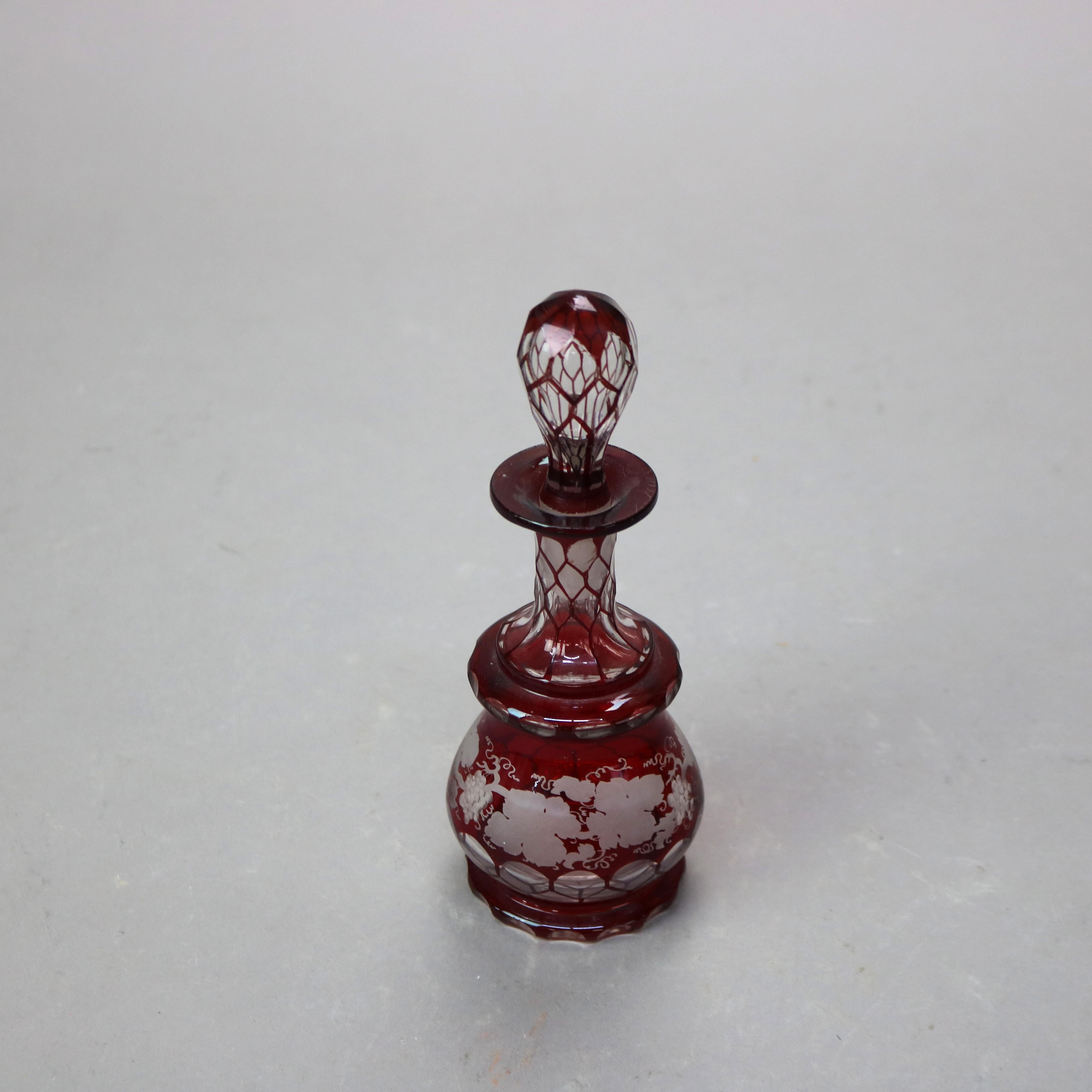 19th Century Antique Bohemian Cranberry Cut to Clear Grape & Leaf Perfume Bottle C1890 For Sale