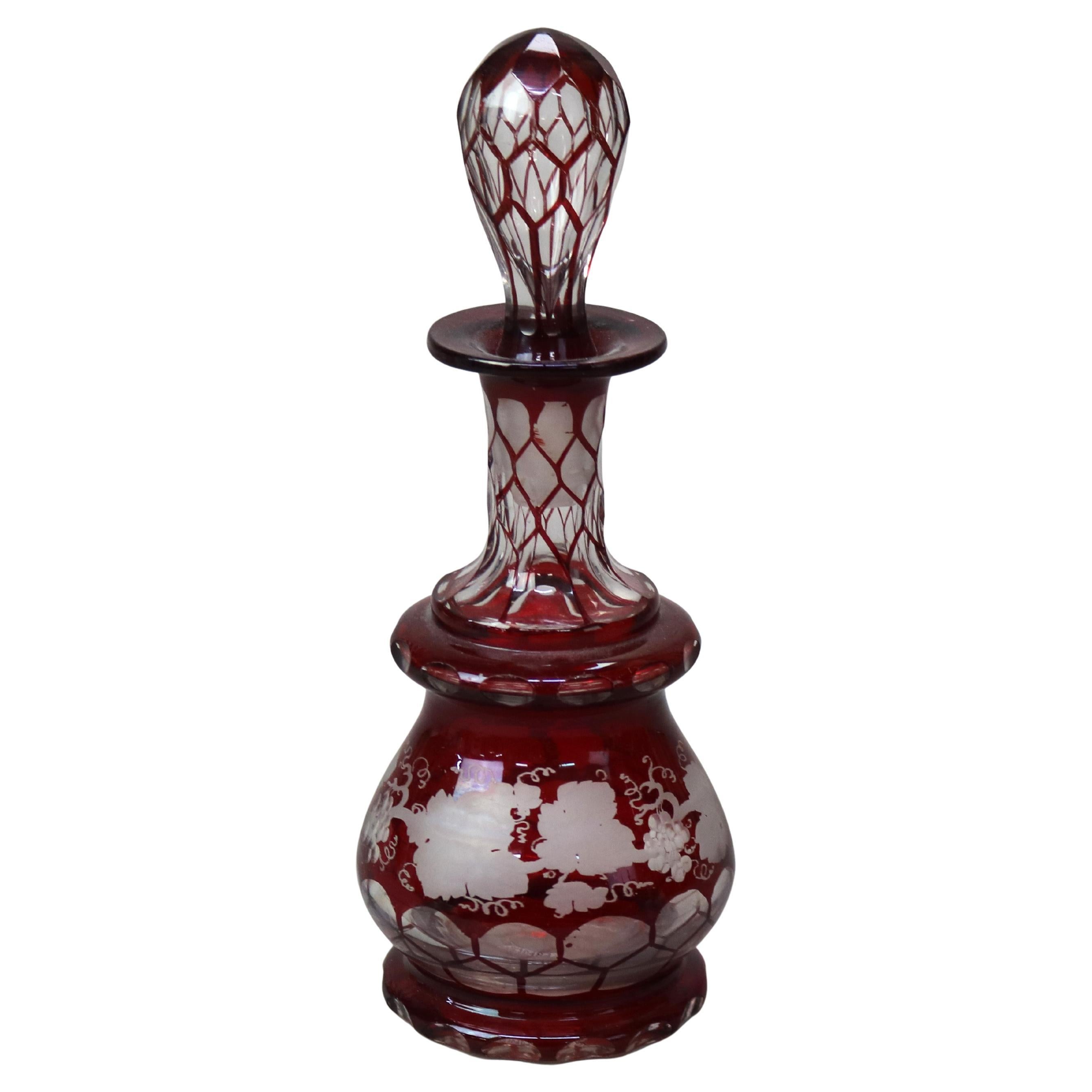 Antique Bohemian Cranberry Cut to Clear Grape & Leaf Perfume Bottle C1890