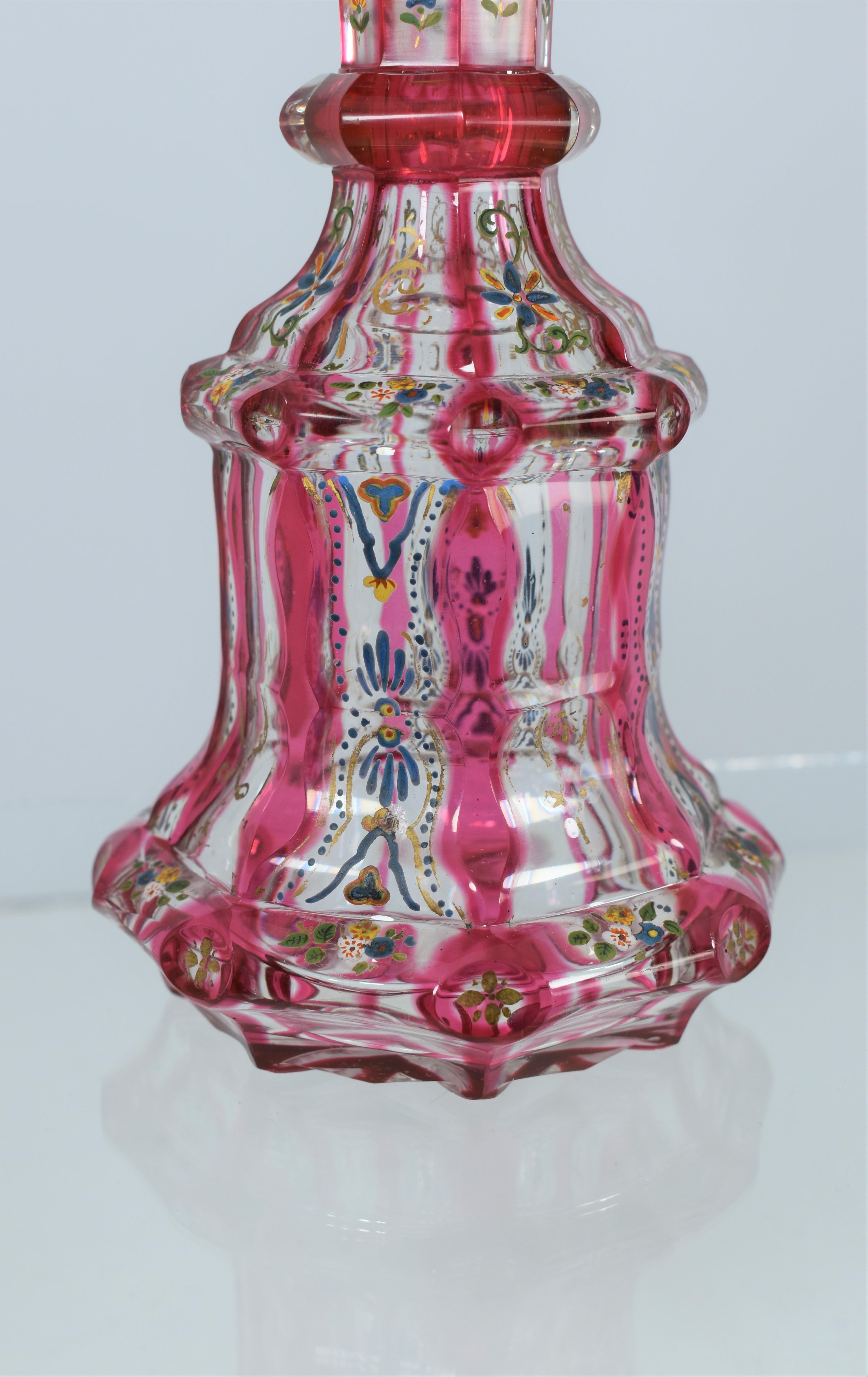 Antique Bohemian Cranberry Enameled Glass Perfume Bottle, 19th Century For Sale 1