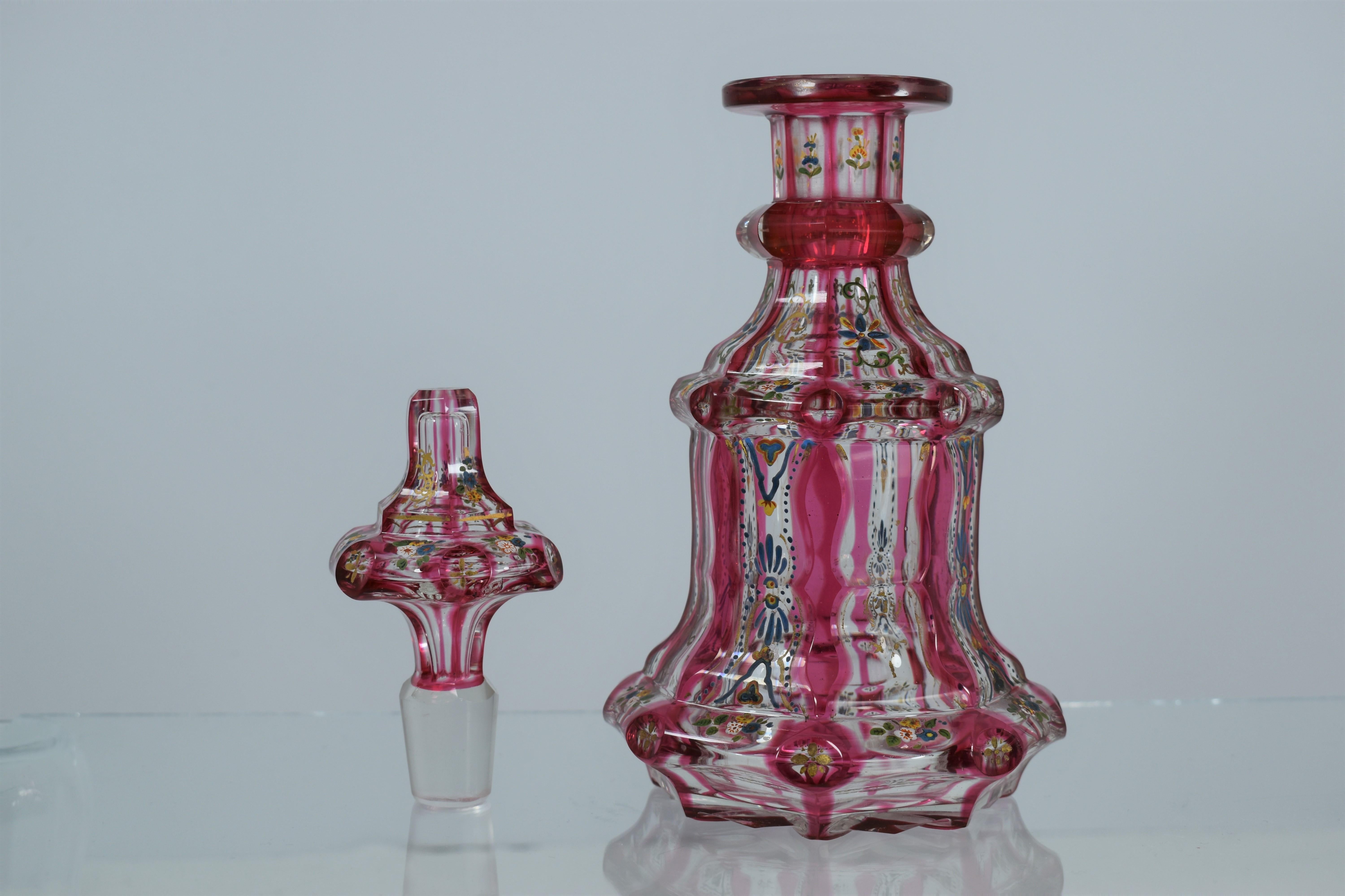 Antique Bohemian Cranberry Enameled Glass Perfume Bottle, 19th Century For Sale 2