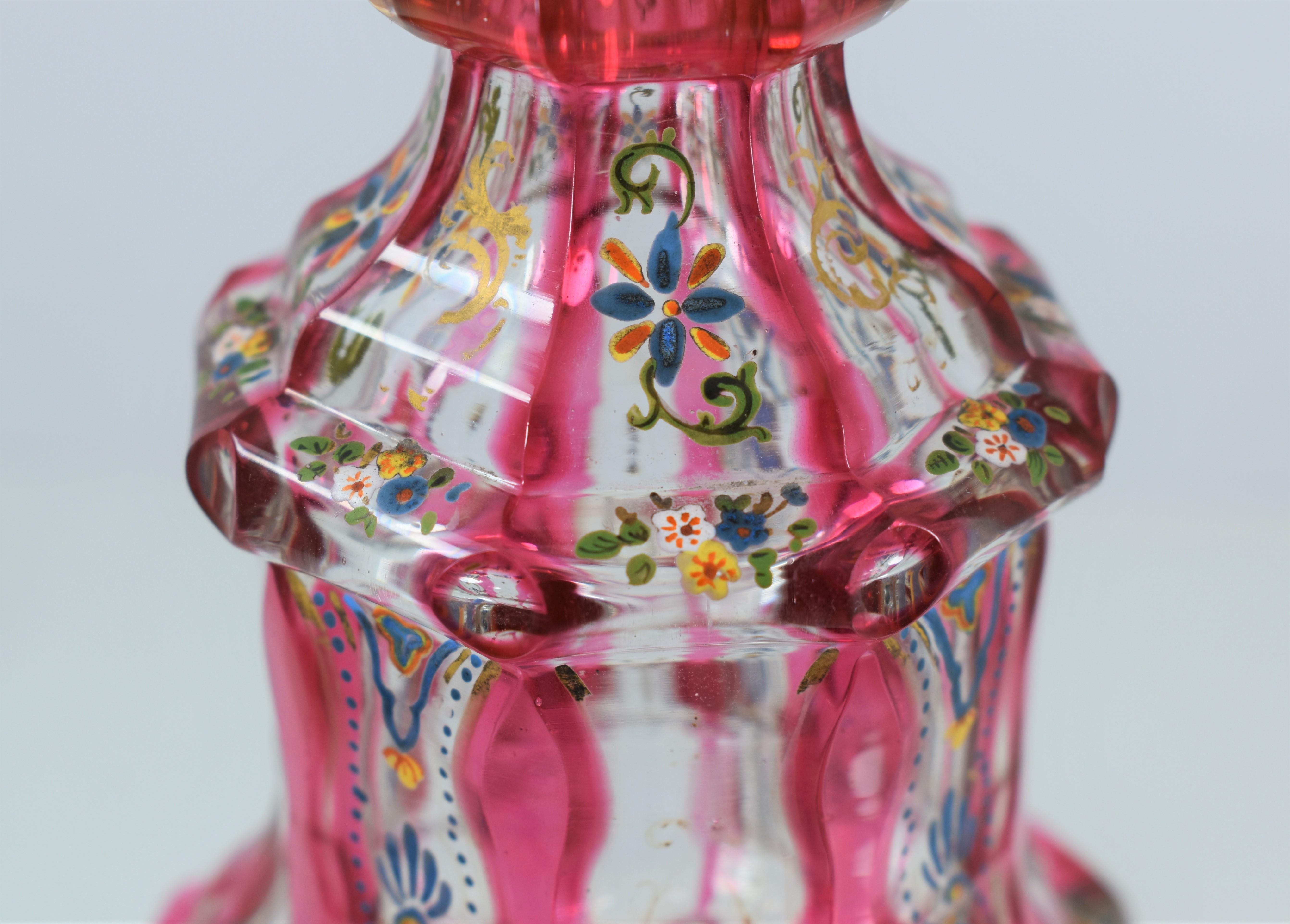 Antique Bohemian Cranberry Enameled Glass Perfume Bottle, 19th Century For Sale 4