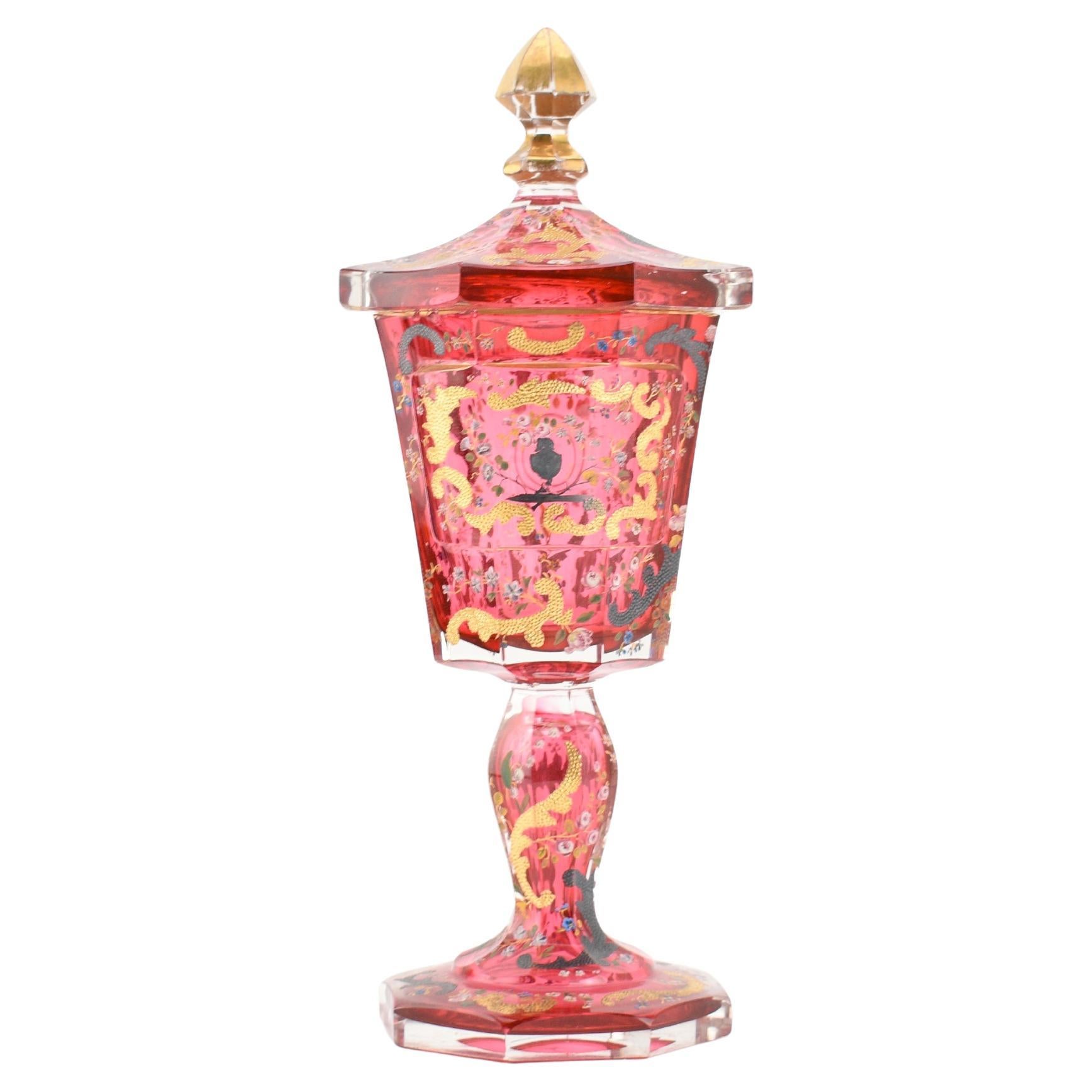 Antique Bohemian Cranberry Enamelled Gilded  Crystal Glass Goblet, 19th Century