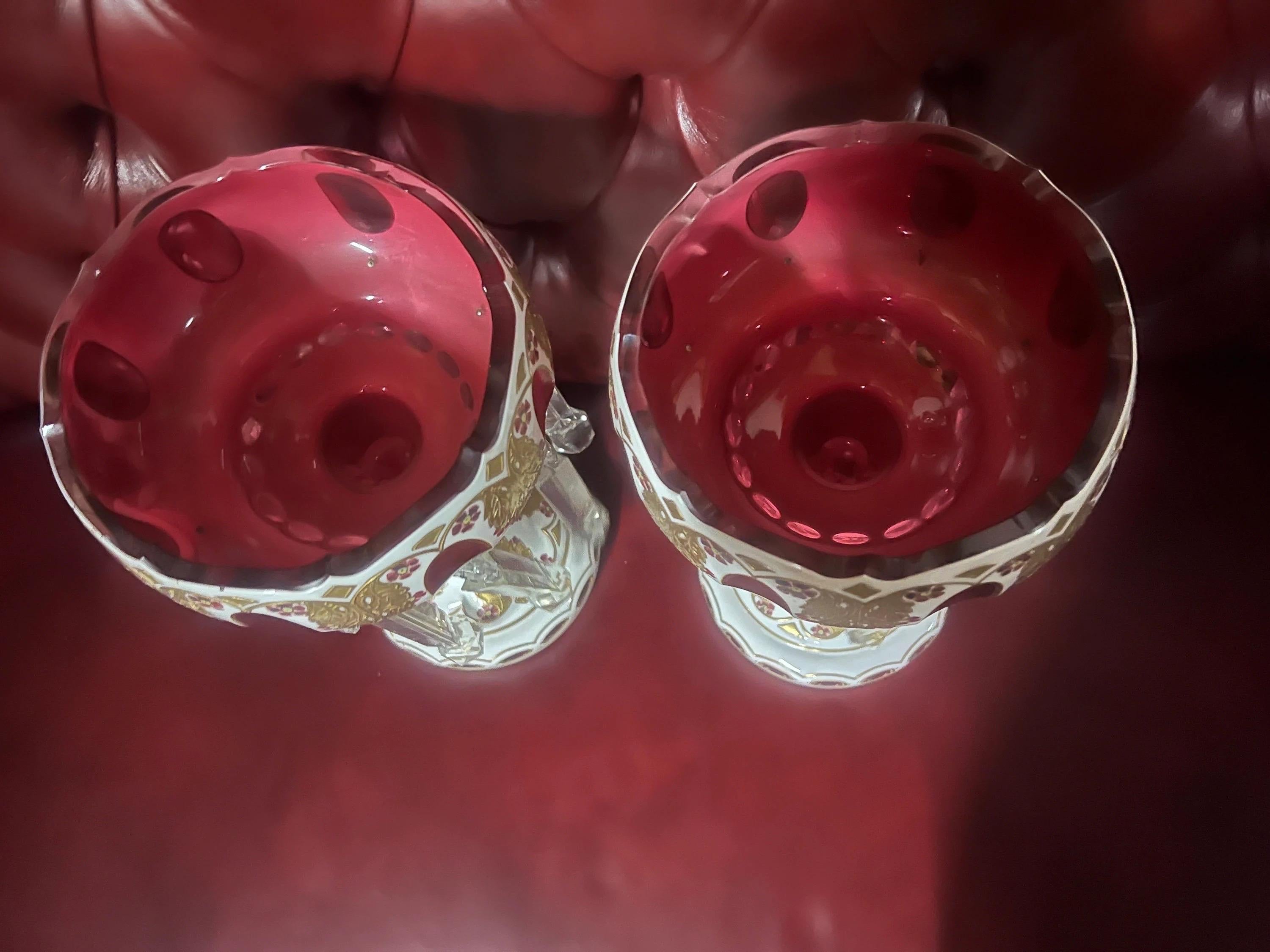 Antique Bohemian Cranberry Glass Candle Holders Lusters - Pair For Sale 1