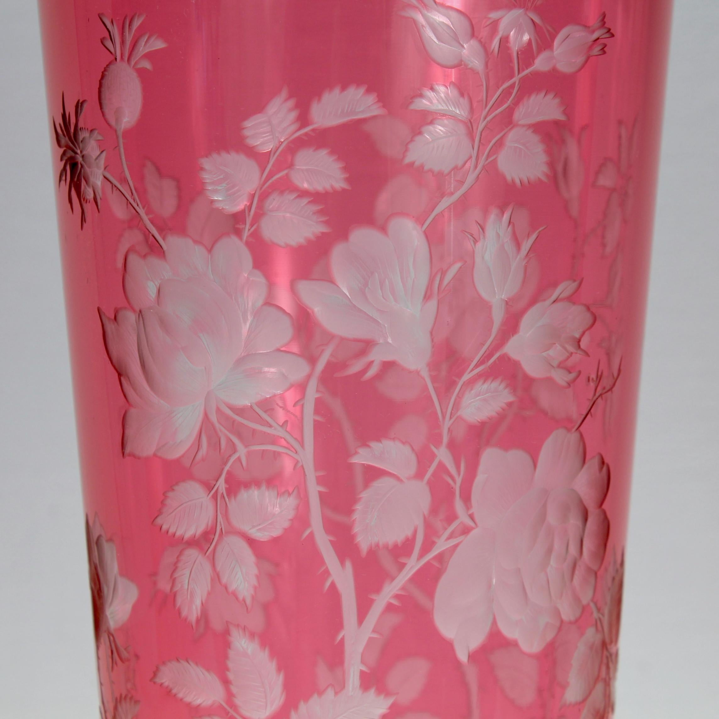 Antique Bohemian Cranberry Overlay Cut to Clear Glass Vase with Roses For Sale 1