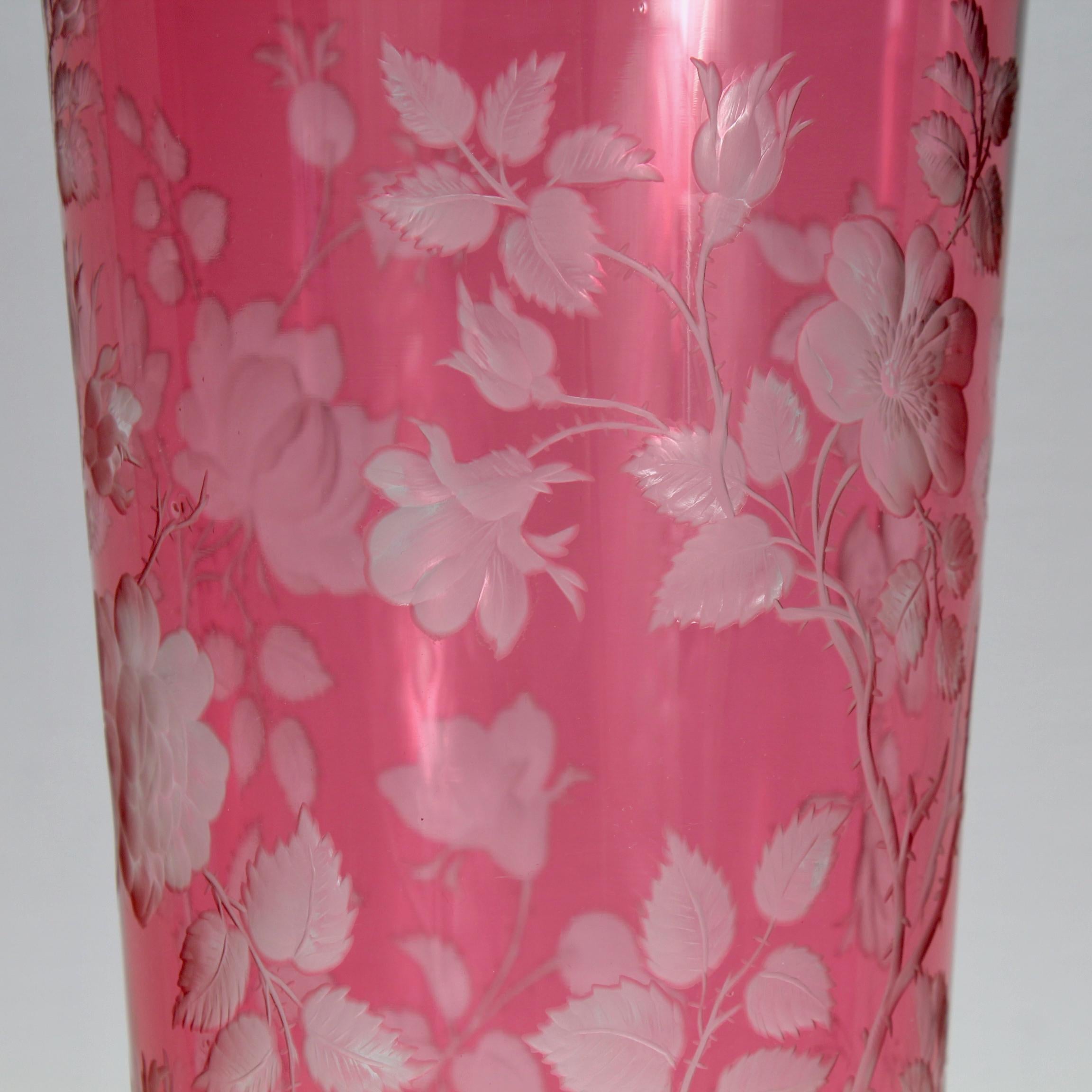 Antique Bohemian Cranberry Overlay Cut to Clear Glass Vase with Roses For Sale 4