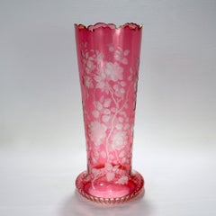 Antique Bohemian Cranberry Overlay Cut to Clear Glass Vase with Roses