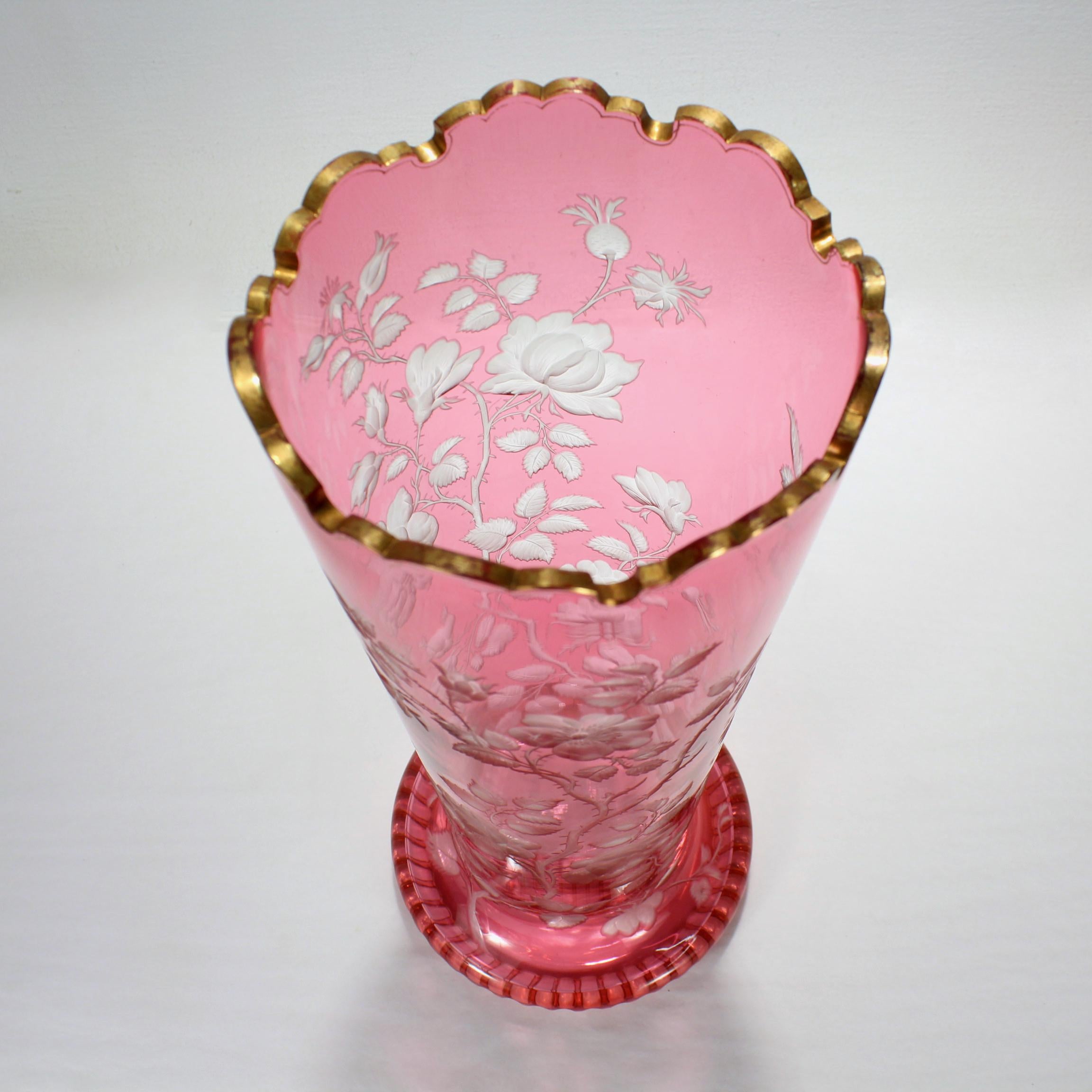 Czech Antique Bohemian Cranberry Overlay Cut to Clear Glass Vase with Roses For Sale
