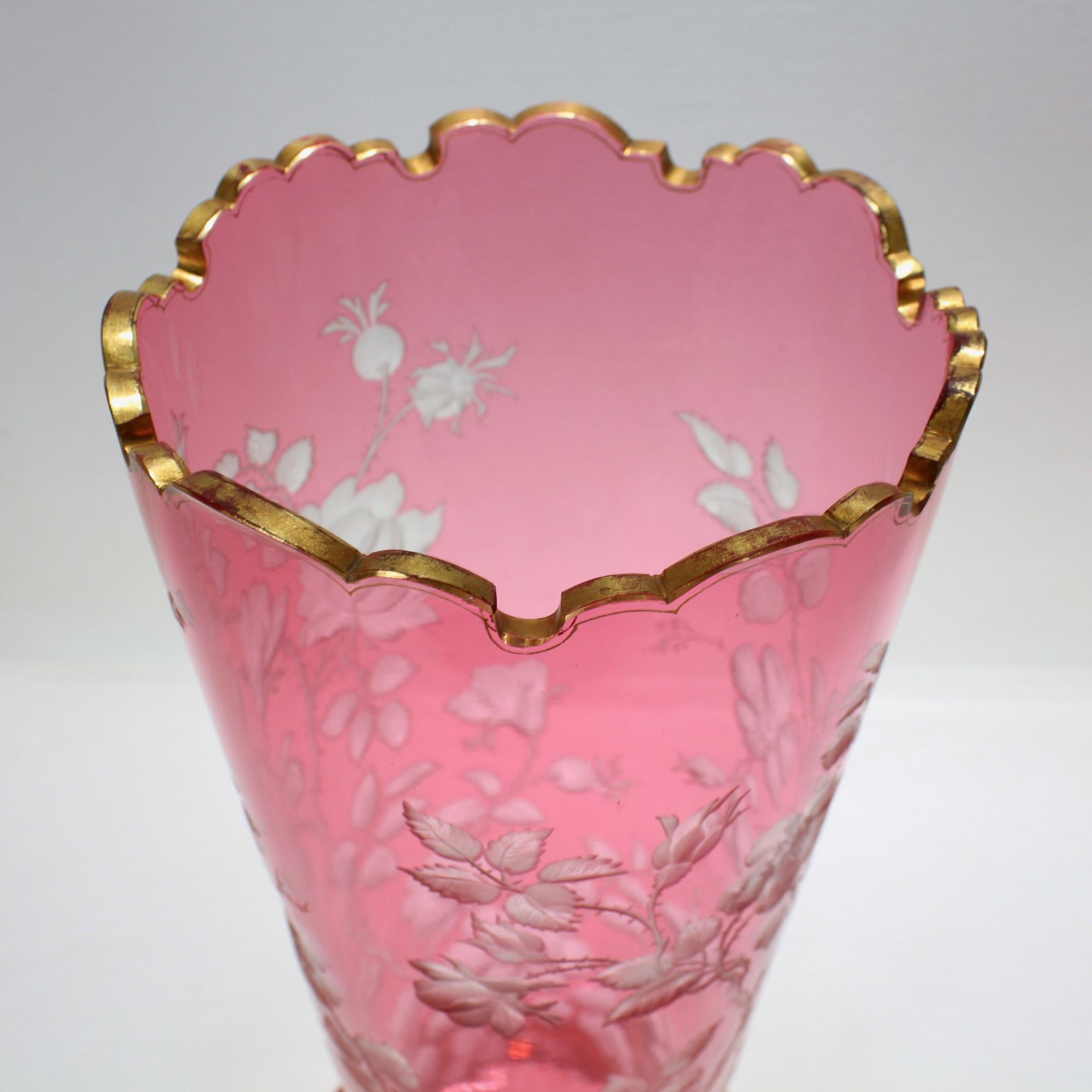 Antique Bohemian Cranberry Overlay Cut to Clear Glass Vase with Roses In Good Condition For Sale In Philadelphia, PA