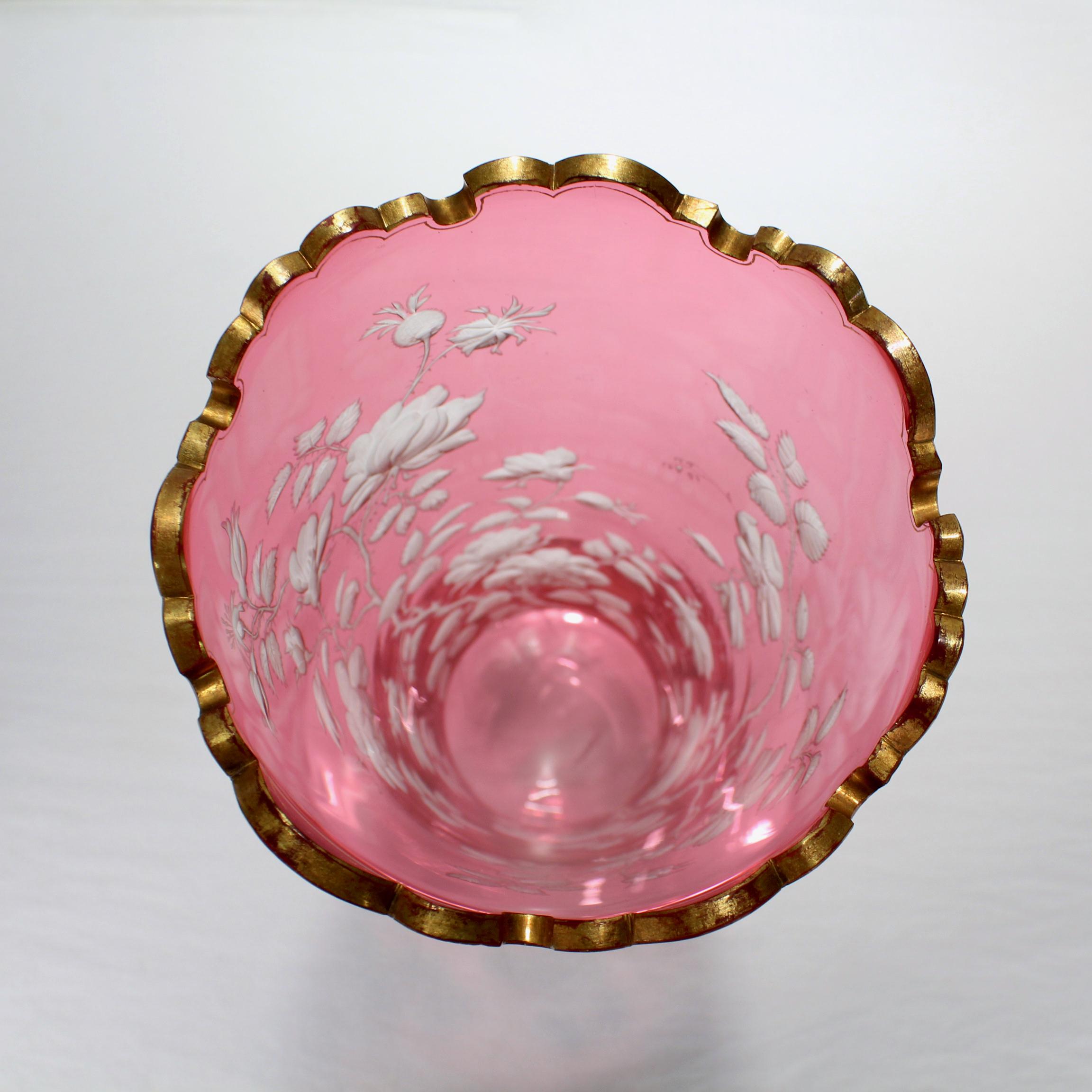 19th Century Antique Bohemian Cranberry Overlay Cut to Clear Glass Vase with Roses For Sale