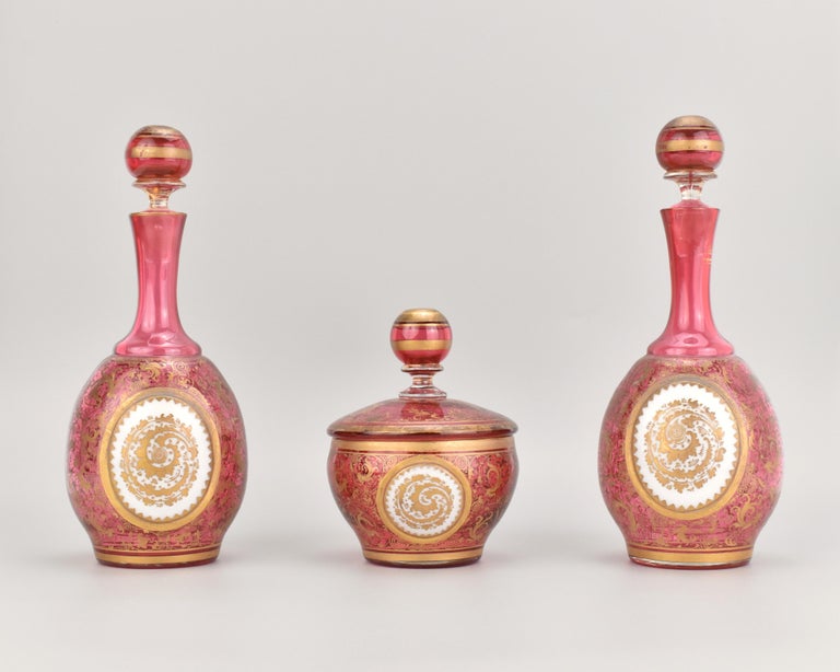 Antique Bohemian Cranberry Overlay Glass Vanity Set by Moser, 19th