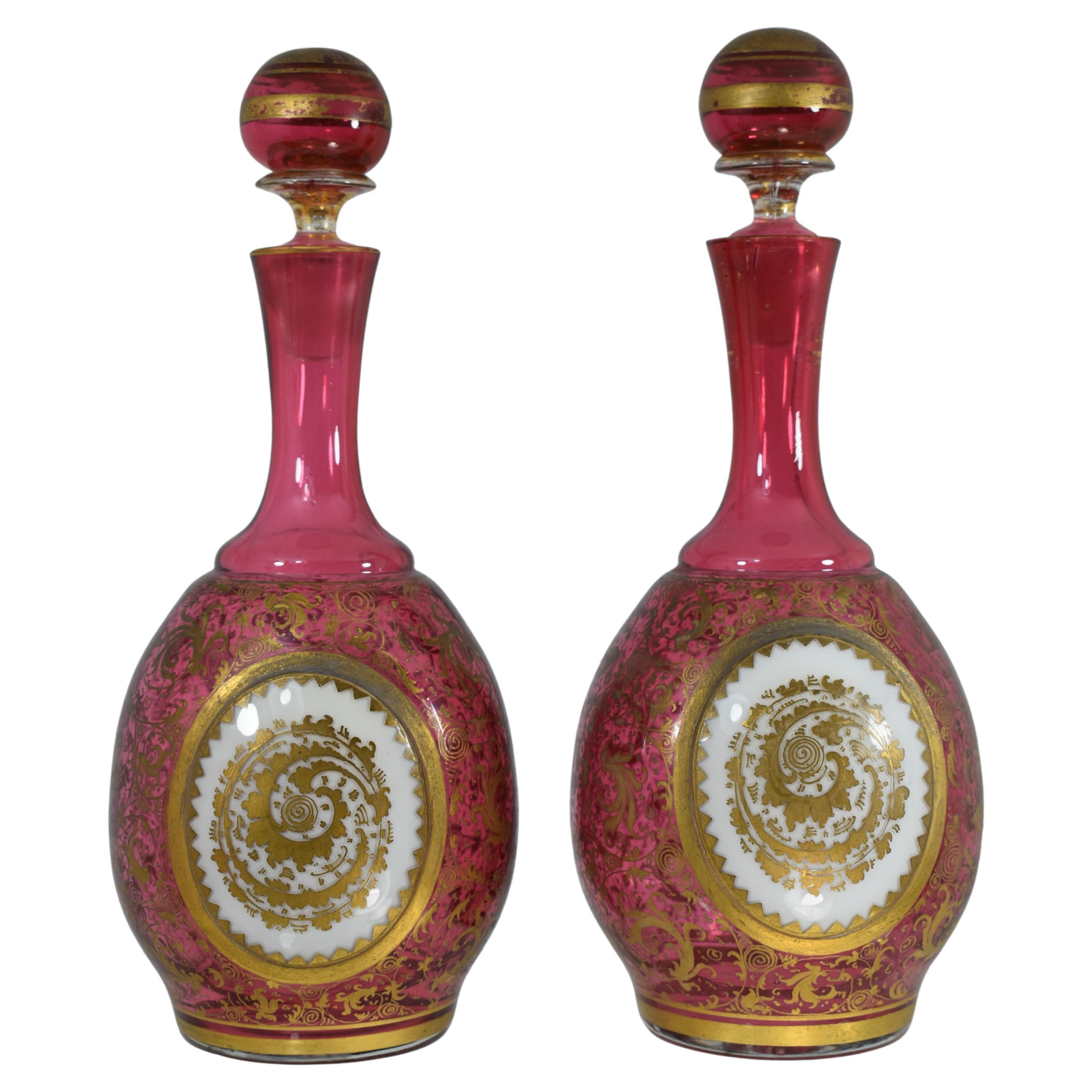 European Antique Bohemian Cranberry Overlay Glass Vanity Set, Moser, 19th Century For Sale