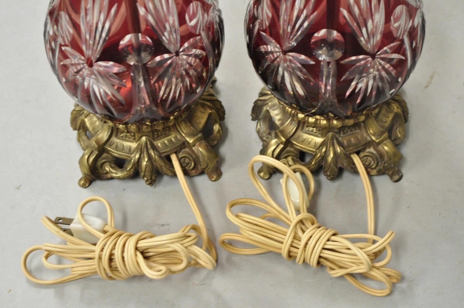 Antique Bohemian Cranberry Ruby Red Cut to Clear Glass Table Lamps - a Pair For Sale 3