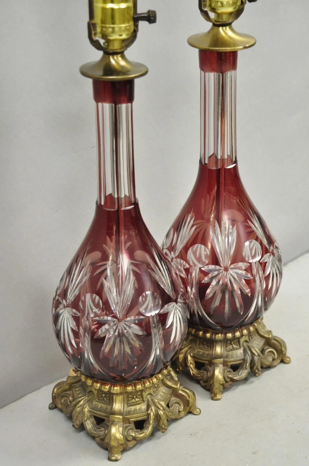 Antique Bohemian Cranberry Ruby Red Cut to Clear Glass Table Lamps - a Pair For Sale 5