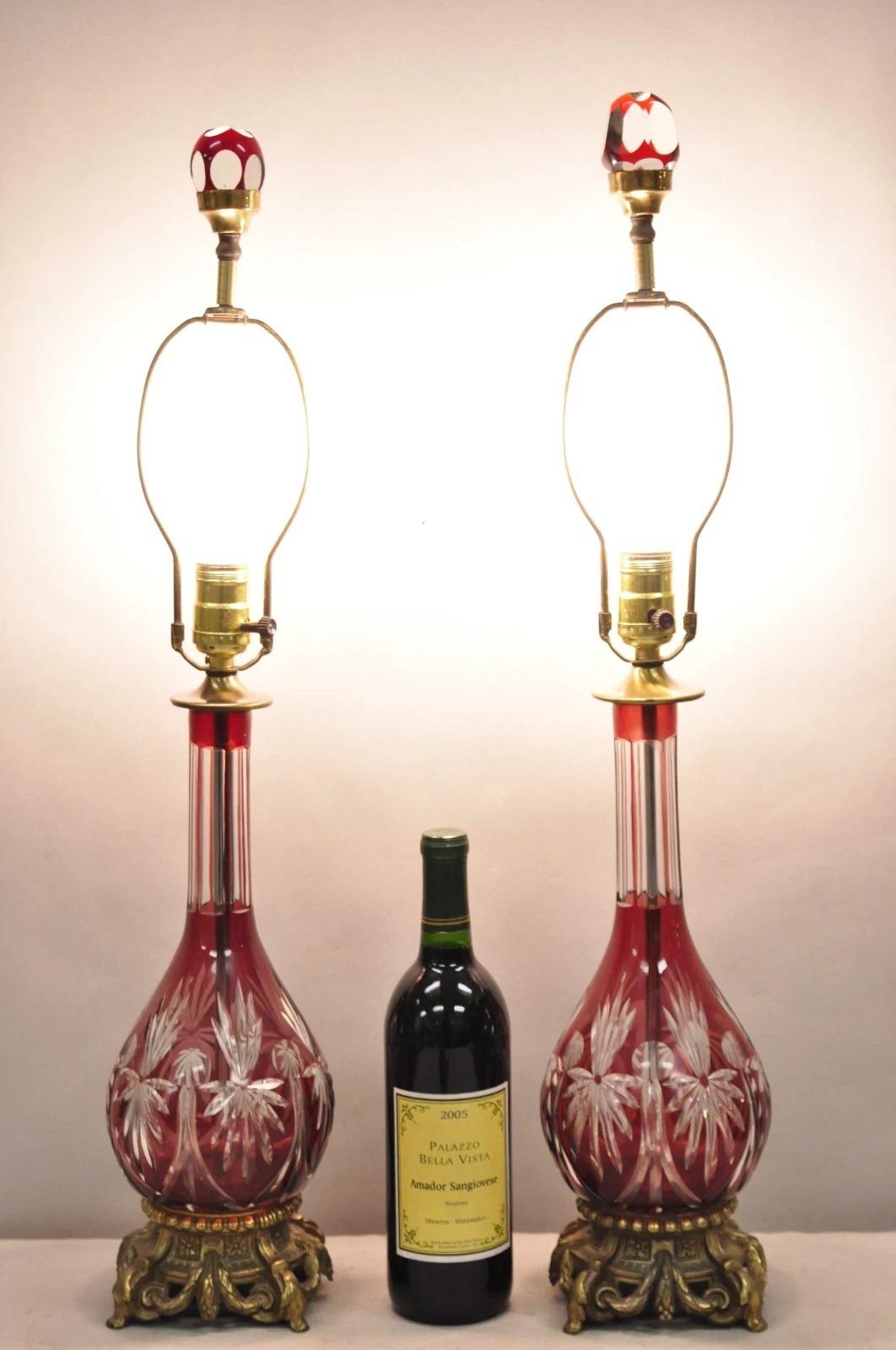 Antique Bohemian Cranberry Ruby Red Cut to Clear Czech Glass Table Lamps with Glass Finials - a Pair. Circa Early 20th Century. Measurements: 28