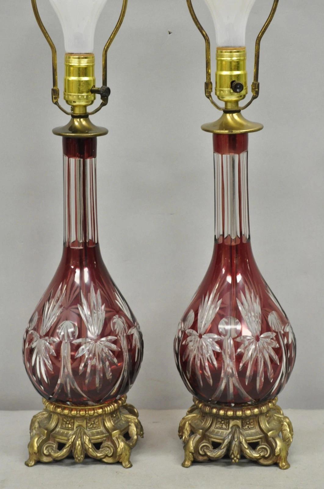 Victorian Antique Bohemian Cranberry Ruby Red Cut to Clear Glass Table Lamps - a Pair For Sale