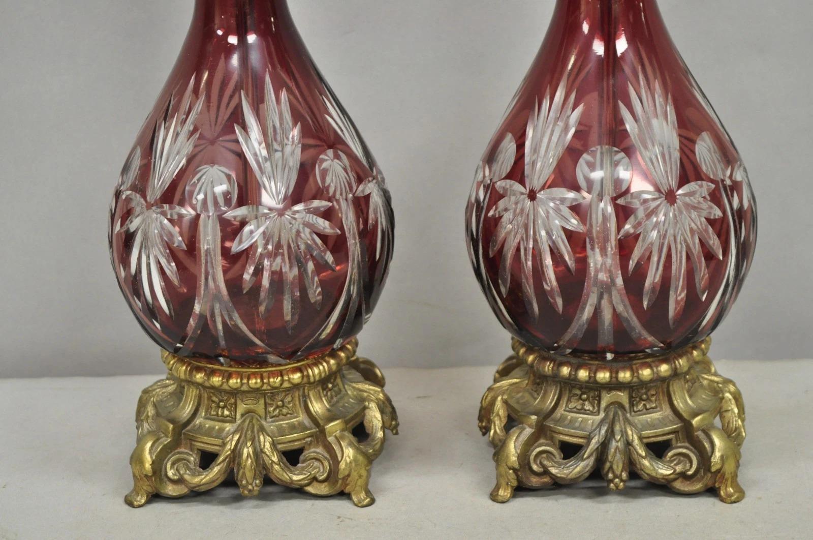 Unknown Antique Bohemian Cranberry Ruby Red Cut to Clear Glass Table Lamps - a Pair For Sale