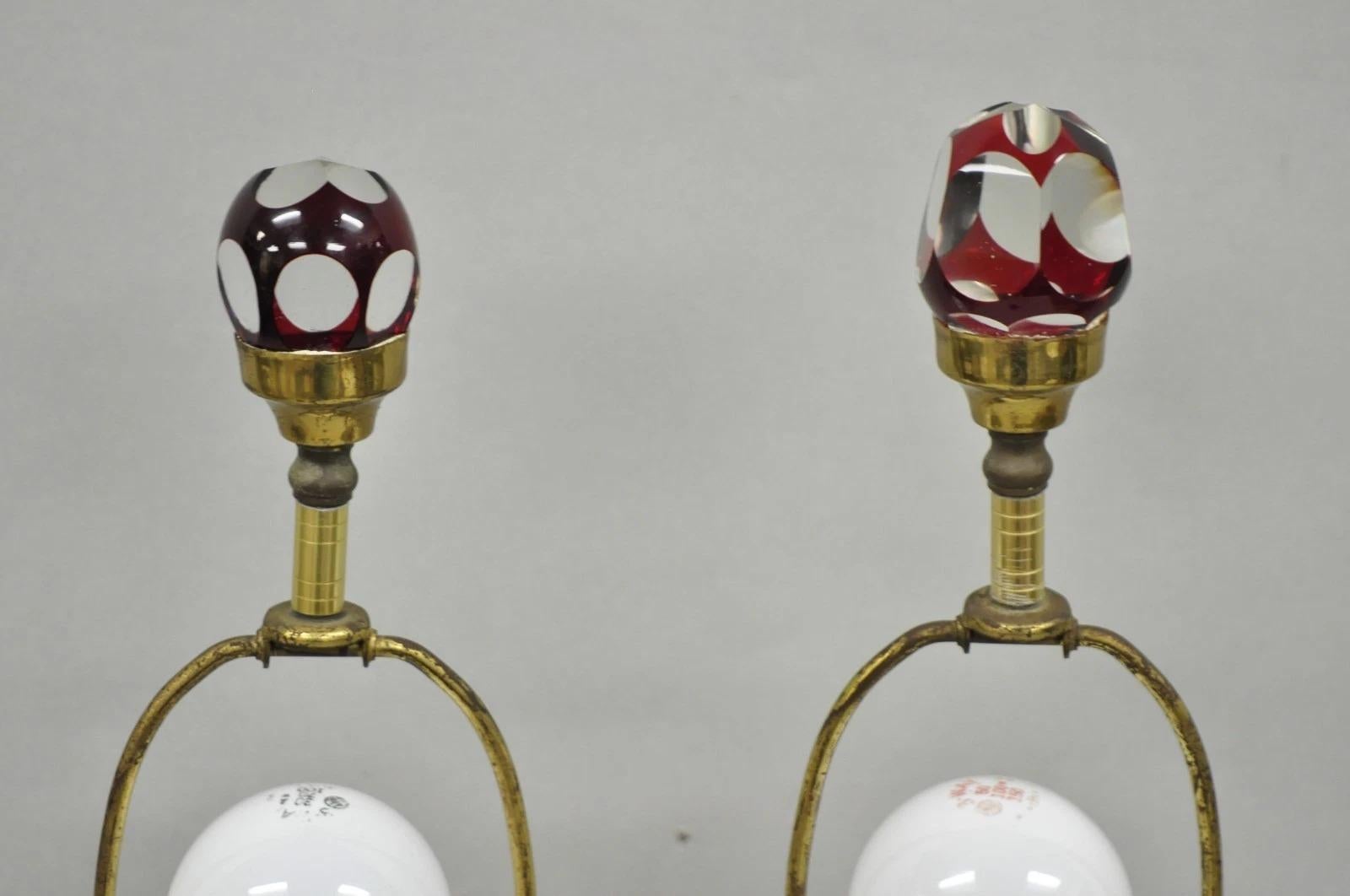 Antique Bohemian Cranberry Ruby Red Cut to Clear Glass Table Lamps - a Pair In Good Condition For Sale In Philadelphia, PA