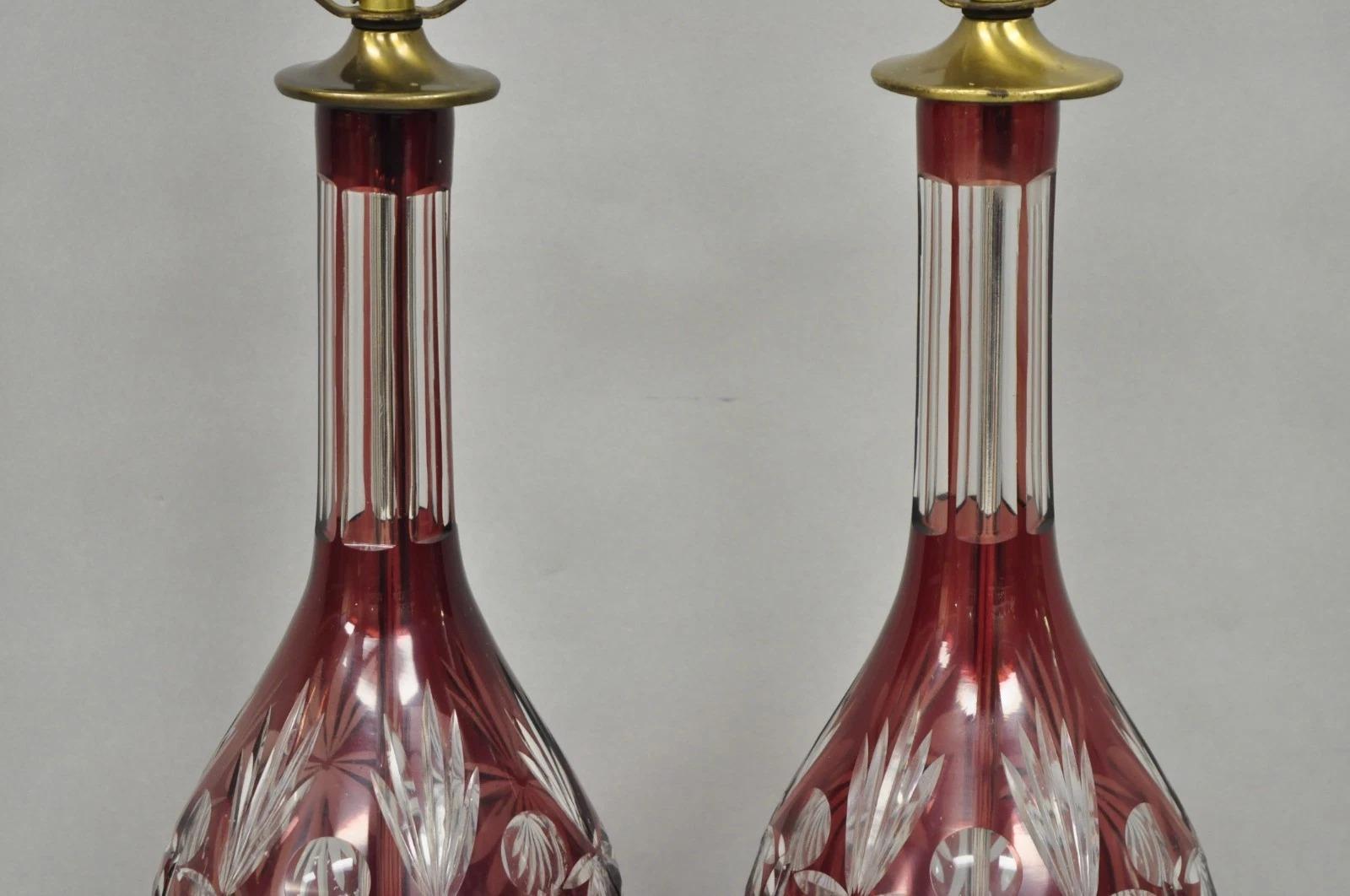20th Century Antique Bohemian Cranberry Ruby Red Cut to Clear Glass Table Lamps - a Pair For Sale