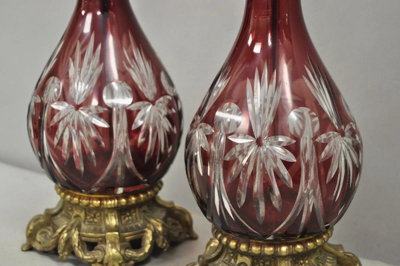 Brass Antique Bohemian Cranberry Ruby Red Cut to Clear Glass Table Lamps - a Pair For Sale