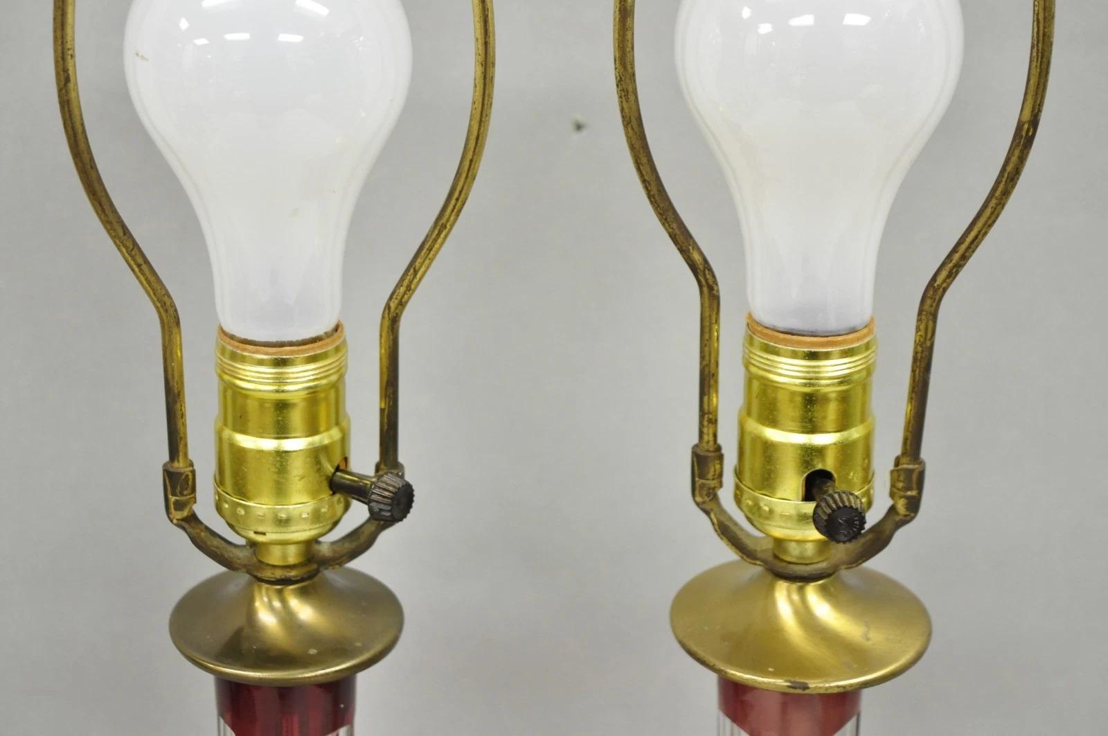 Antique Bohemian Cranberry Ruby Red Cut to Clear Glass Table Lamps - a Pair For Sale 1