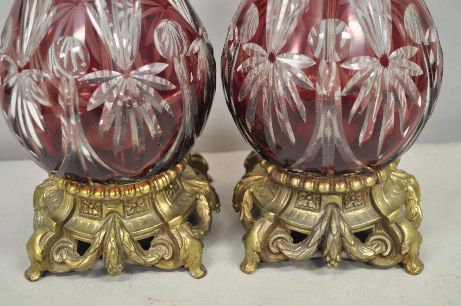 Antique Bohemian Cranberry Ruby Red Cut to Clear Glass Table Lamps - a Pair For Sale 2