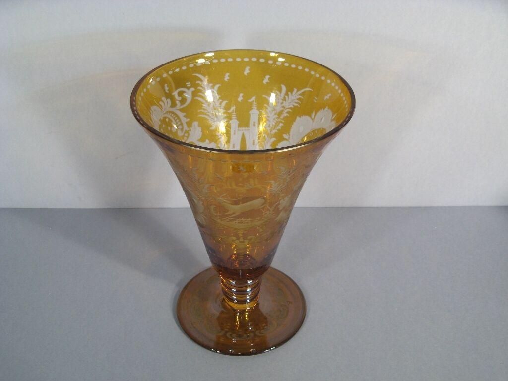 Antique Bohemian Crystal Cornet Vase (Early 20th Century) - Etched Castle -1Y10 4