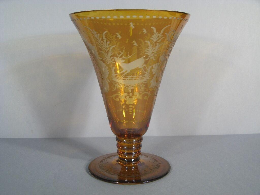 Antique Bohemian Crystal Cornet Vase (Early 20th Century) - Etched Castle -1Y10 5
