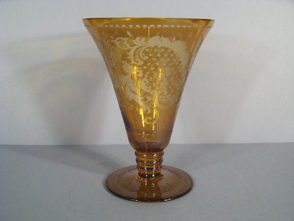 Antique Bohemian Crystal Cornet Vase (Early 20th Century) - Etched Castle -1Y10 6