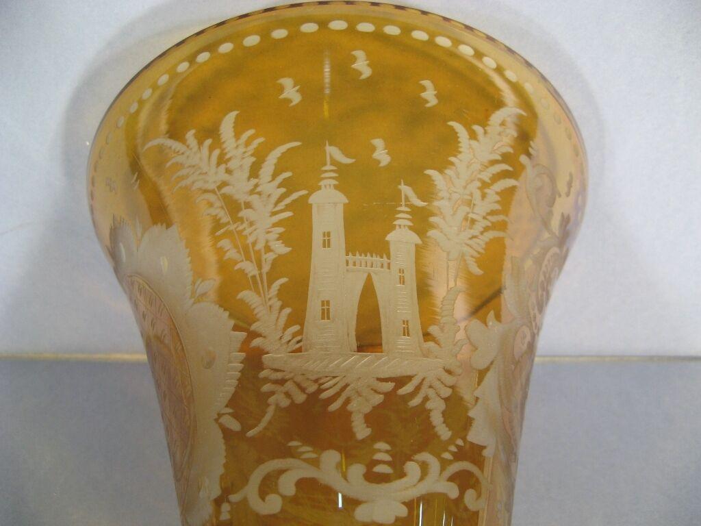 Antique Bohemian Crystal Cornet Vase (Early 20th Century) - Etched Castle -1Y10 3