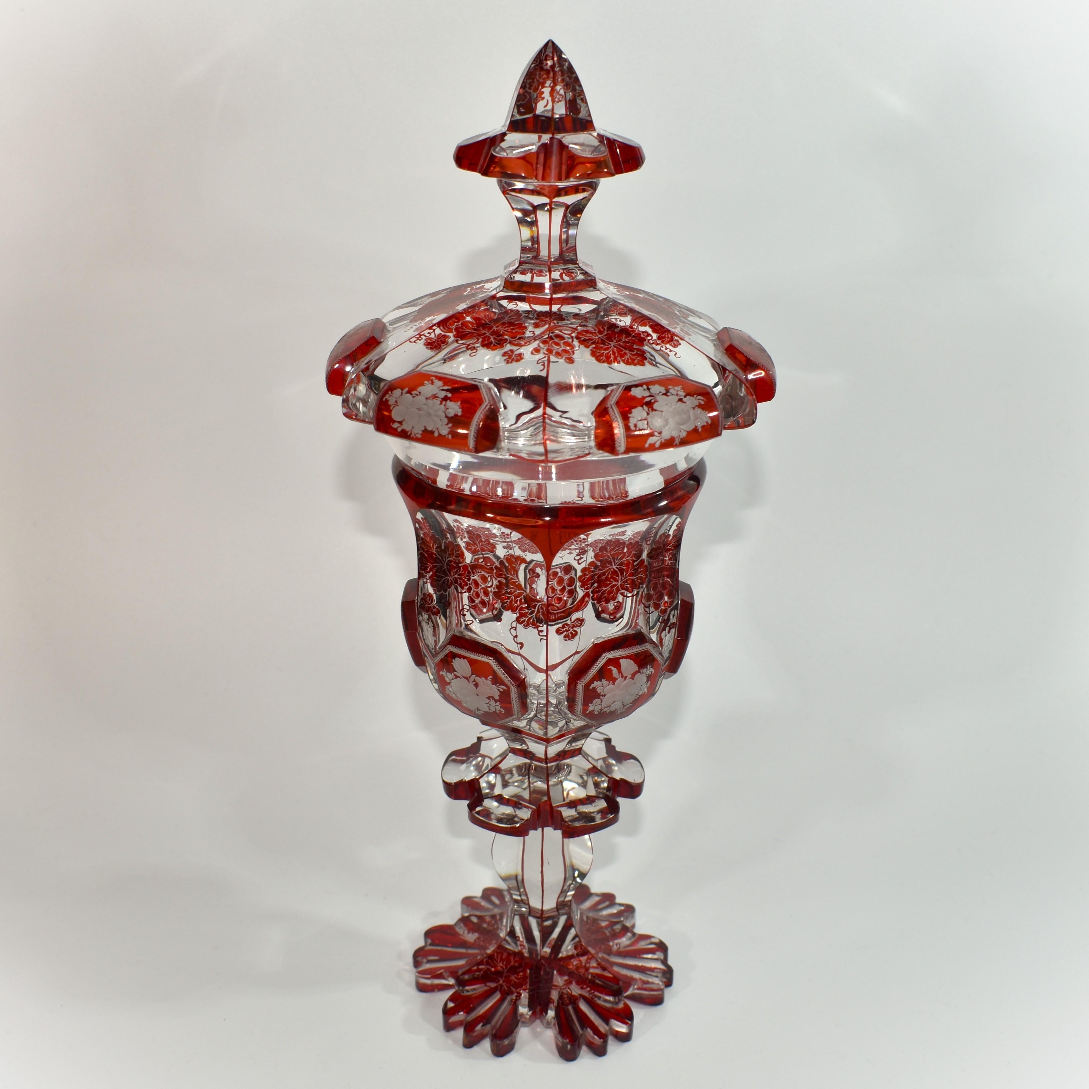 Antique Bohemian Cut To Clear and Ruby Red Engraved Glass Goblet, 19th Century In Good Condition In Rostock, MV