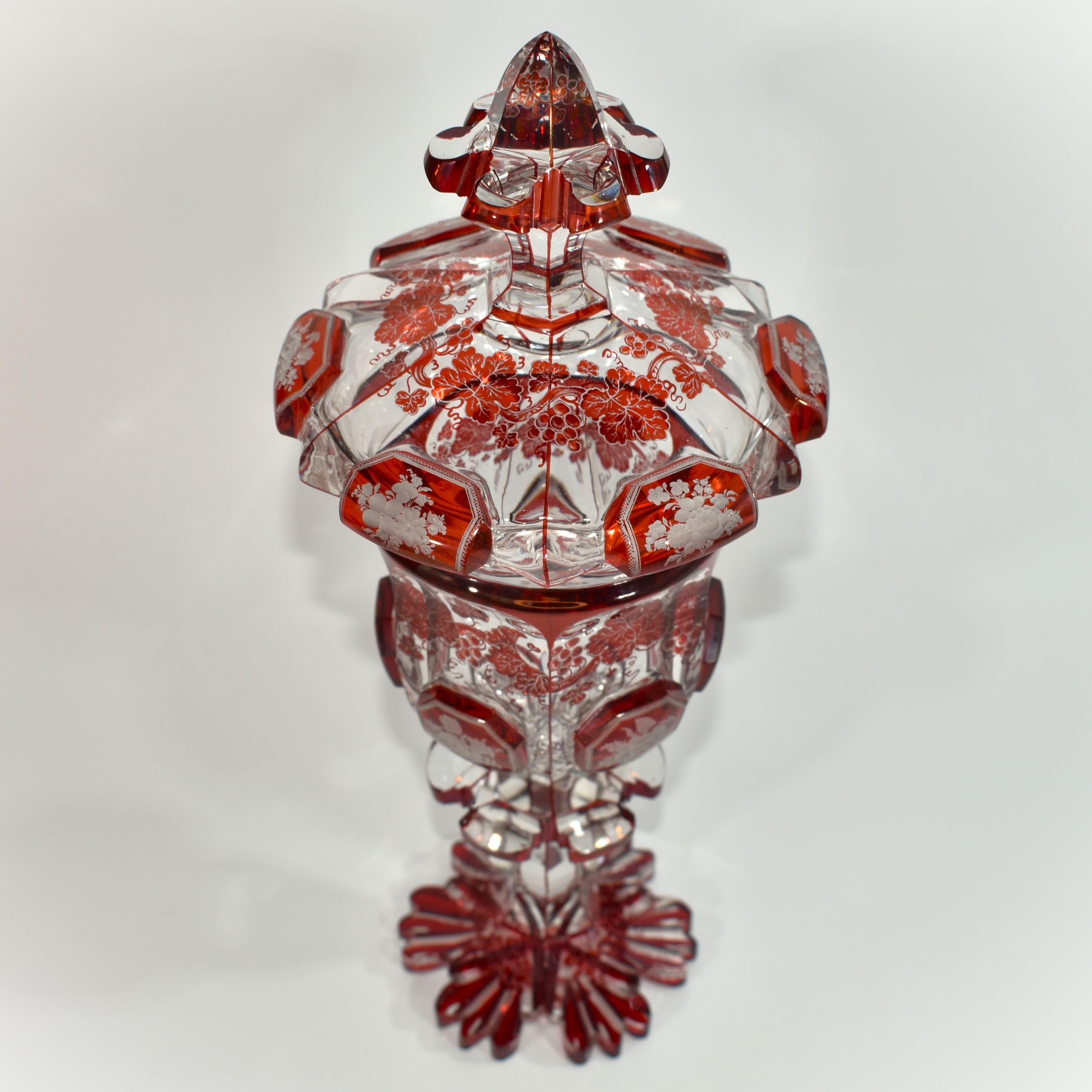 Antique Bohemian Cut To Clear and Ruby Red Engraved Glass Goblet, 19th Century 1