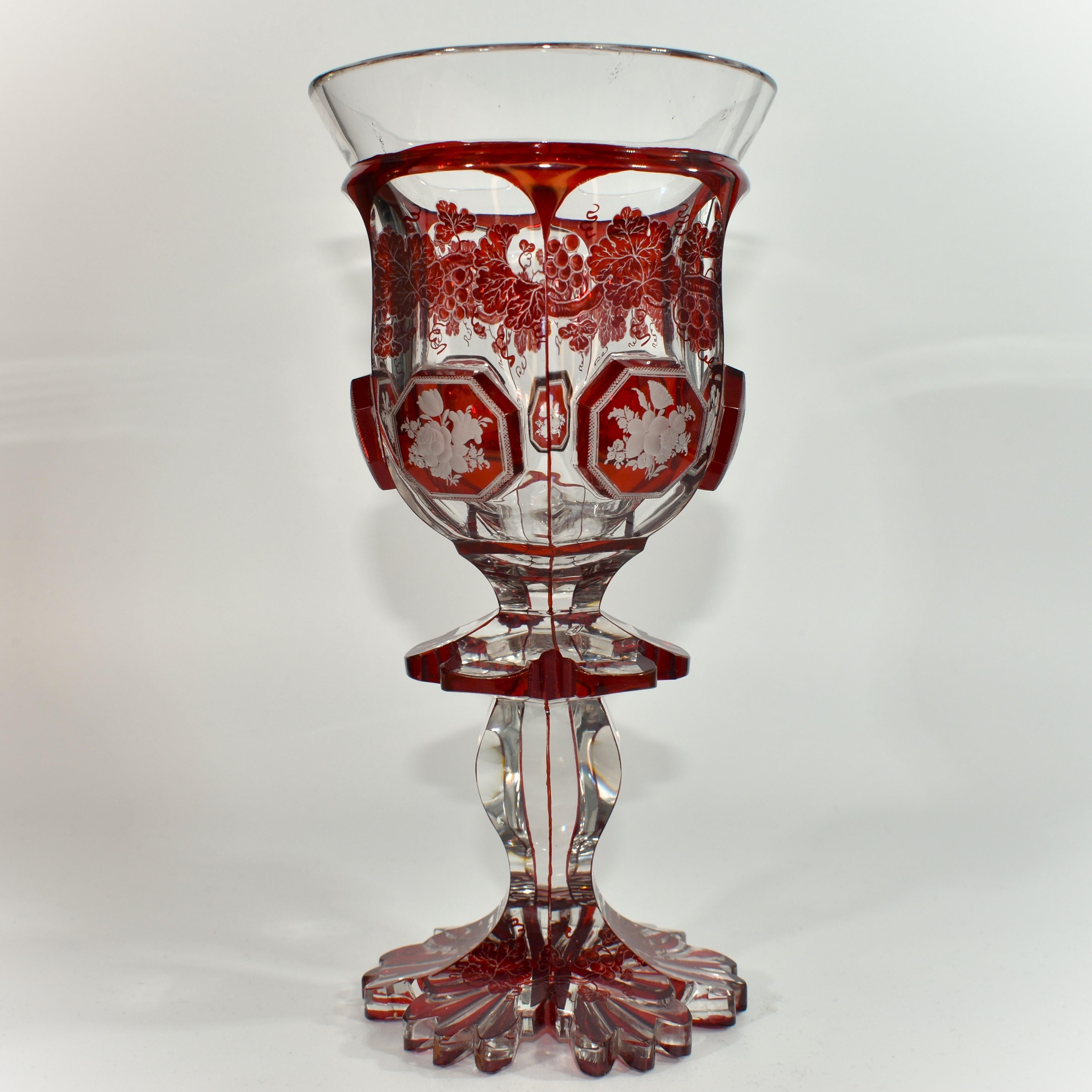 Antique Bohemian Cut To Clear and Ruby Red Engraved Glass Goblet, 19th Century 2