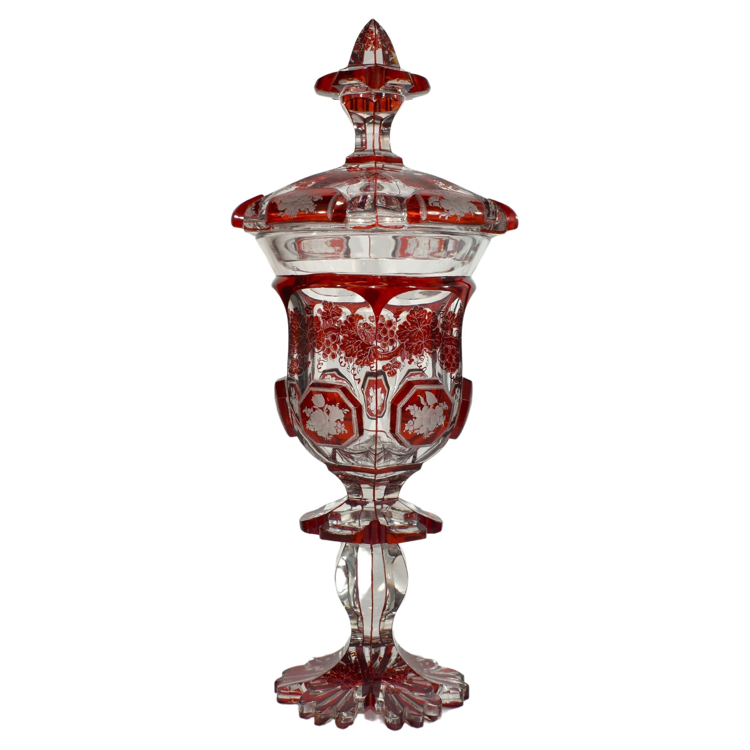 Antique Bohemian Cut To Clear and Ruby Red Engraved Glass Goblet, 19th Century For Sale