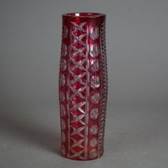 Antique Bohemian Cut to Clear Ruby Glass Vase Circa 1920