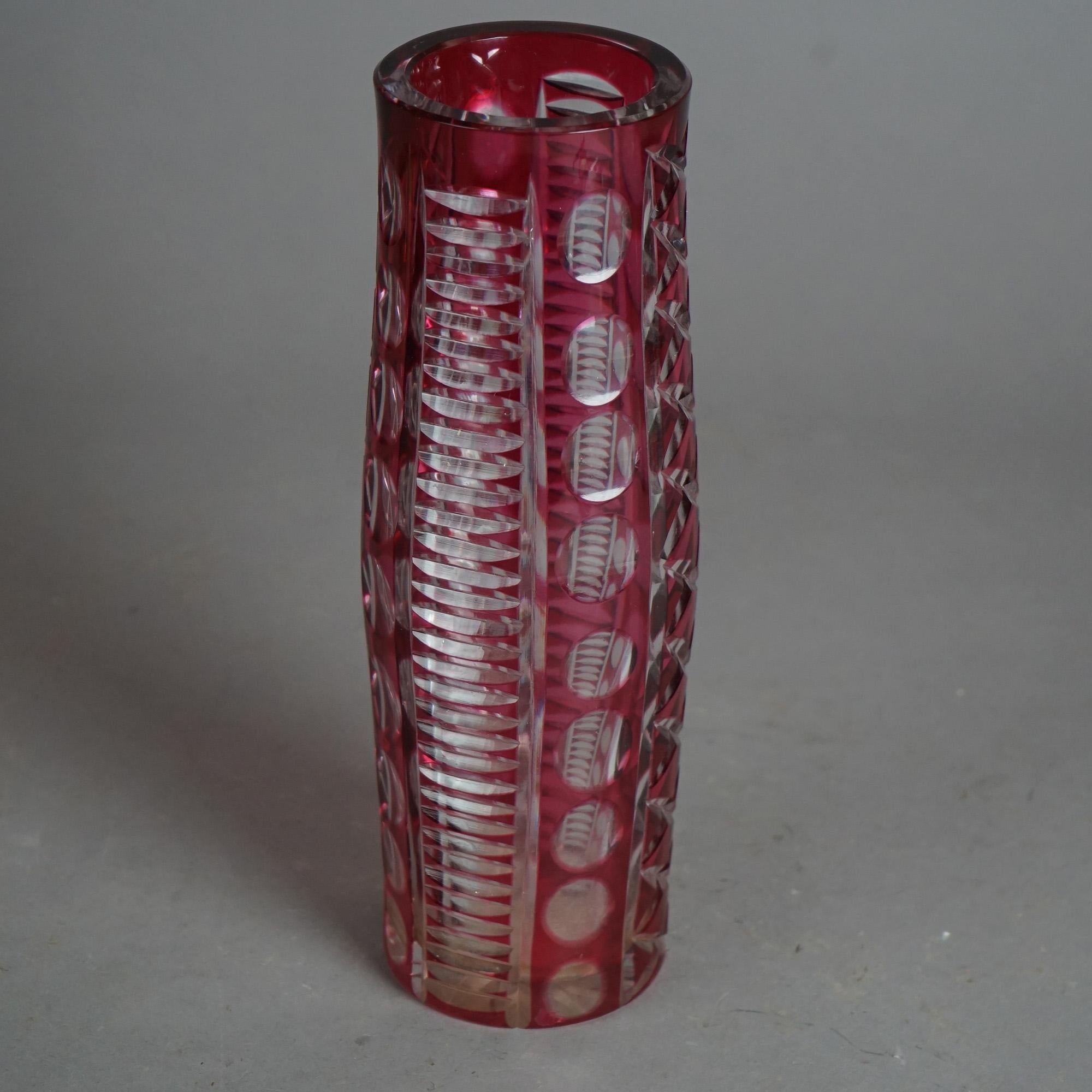 Antique Bohemian Cut to Clear Ruby Glass Vase Circa 1920 For Sale 1